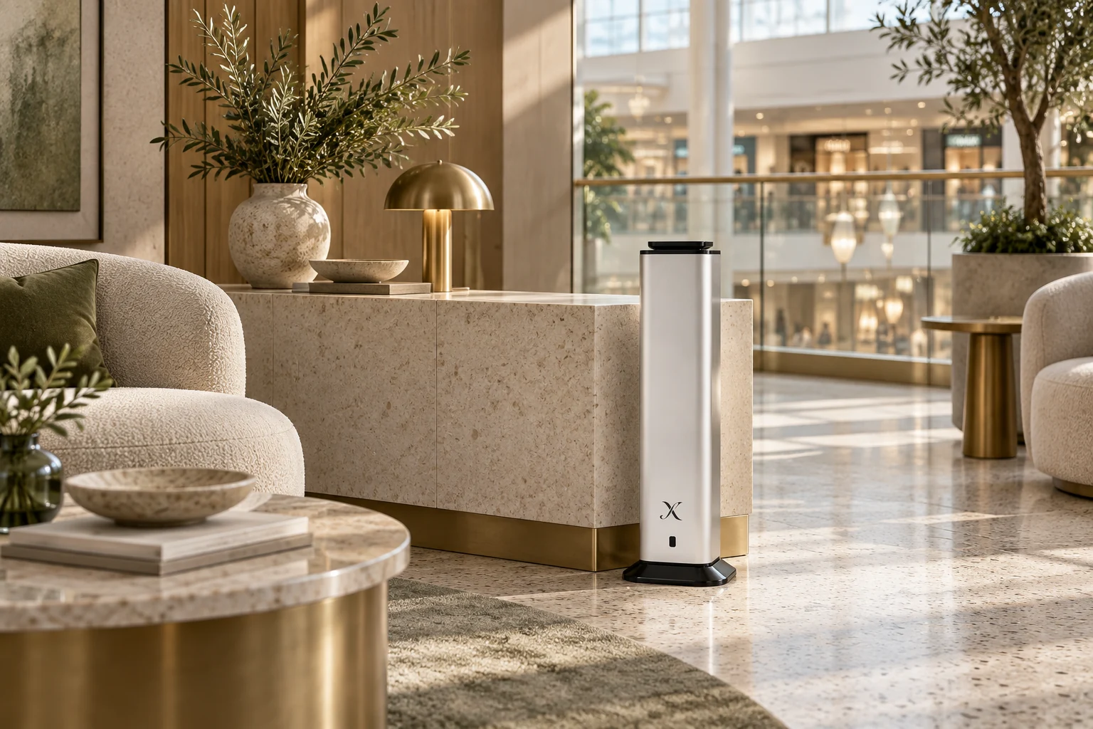 An X S3000 diffuser beside a refined shopping mall concierge lounge with brass, terrazzo and planting