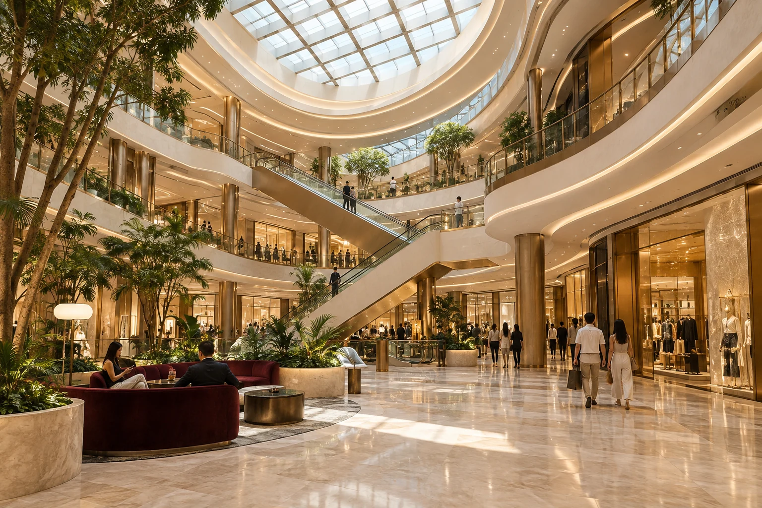 A soaring multi-level shopping mall atrium with sculptural escalators, skylight, landscaped seating and shoppers