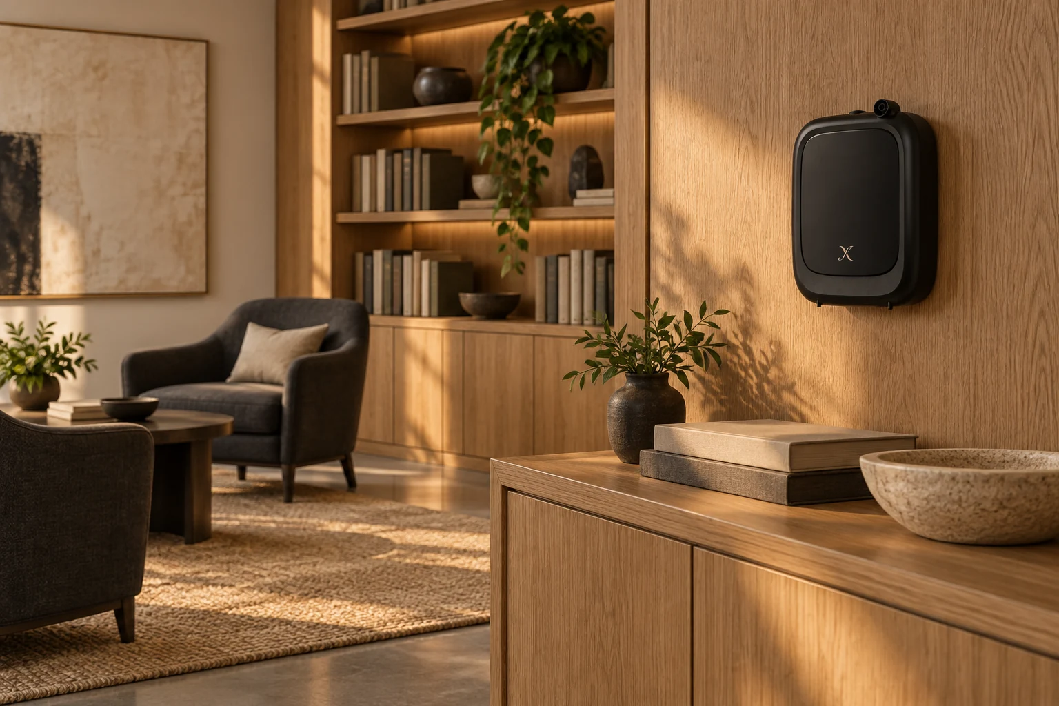 A compact X EP200 wall-mounted diffuser in a warm executive reception with oak shelving and charcoal details