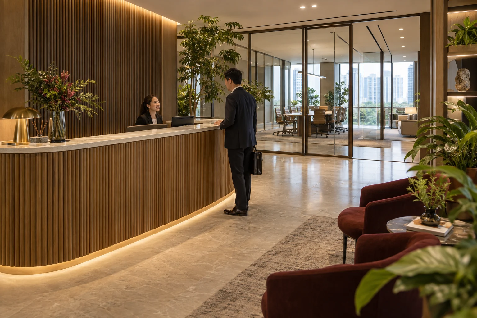 A welcoming modern office reception with timber, glazed meeting rooms, planting and a natural human welcome