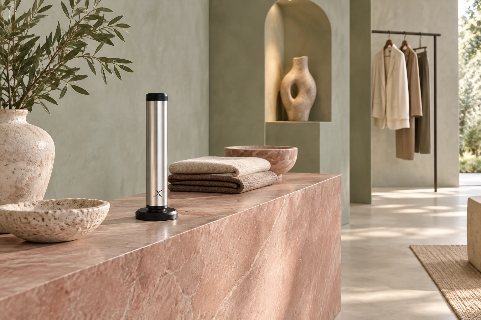 An X AP30 diffuser integrated into an artful retail display setting with rose stone and muted green finishes