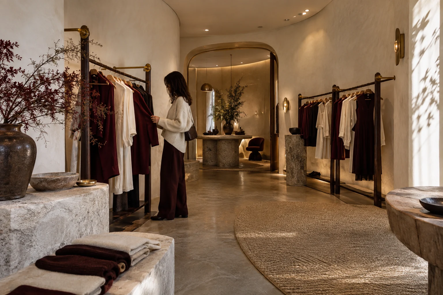 An architectural boutique showroom with sculptural displays, warm materials and a browsing customer