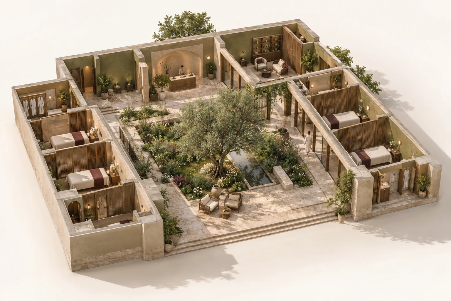 Architectural cutaway concept of a U-shaped garden spa around an open planted courtyard, with private treatment rooms and a quiet lounge