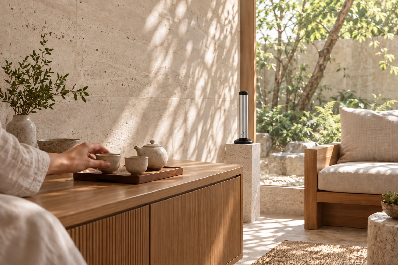 An X AP30 diffuser in a quiet spa tea lounge with pale stone, timber and delicate garden shadows