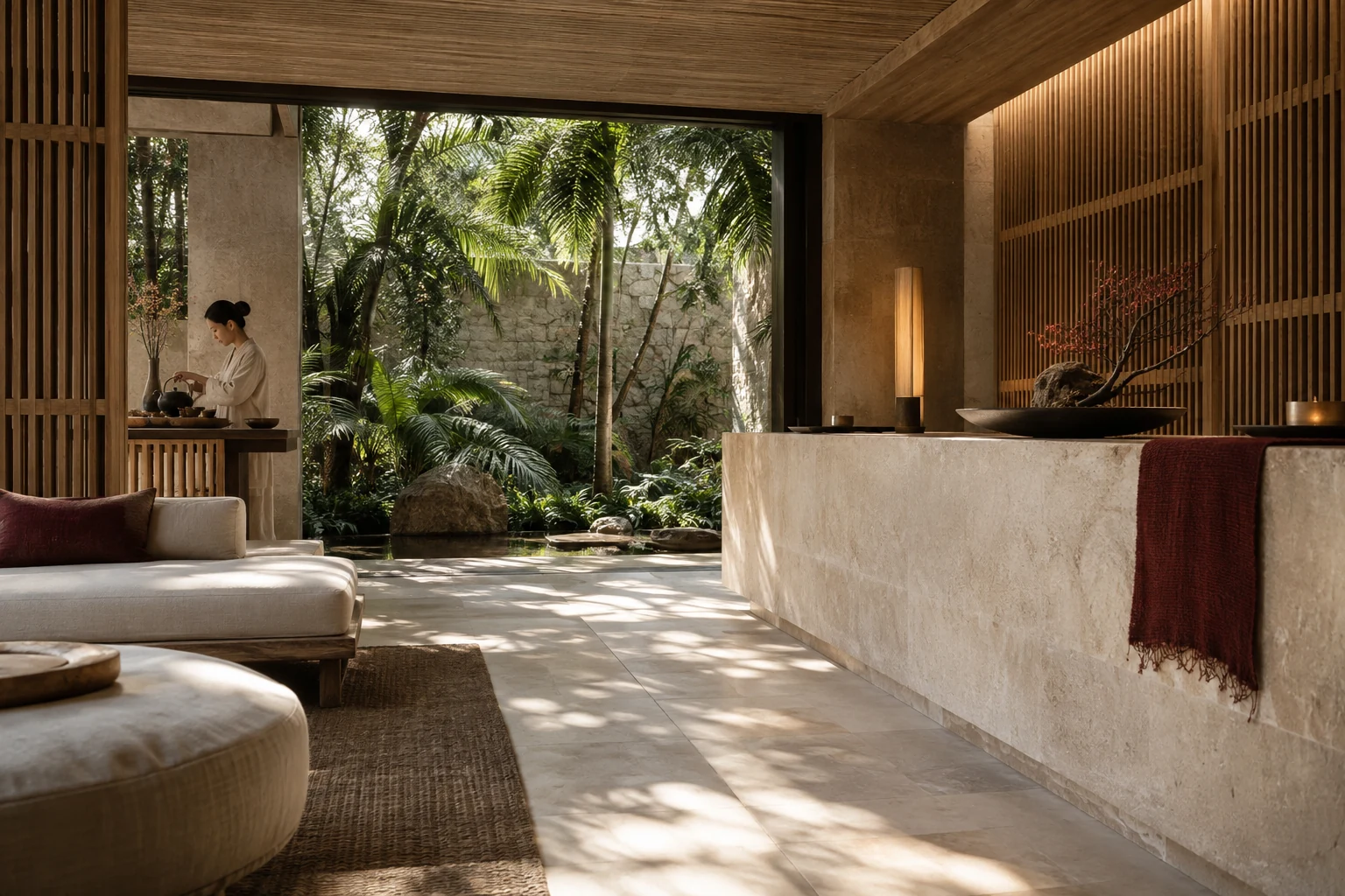 A serene spa reception with pale stone, timber, a tea ritual and soft garden-filtered daylight