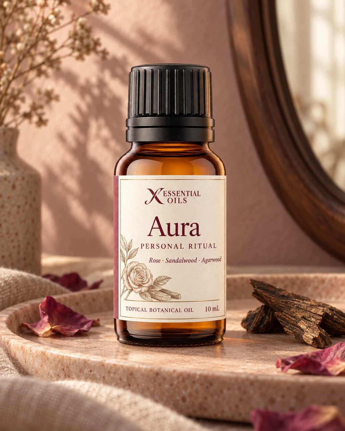 Aura 10 mL topical botanical oil with an ivory botanical label, rose petals and agarwood on a warm stone dressing tray.