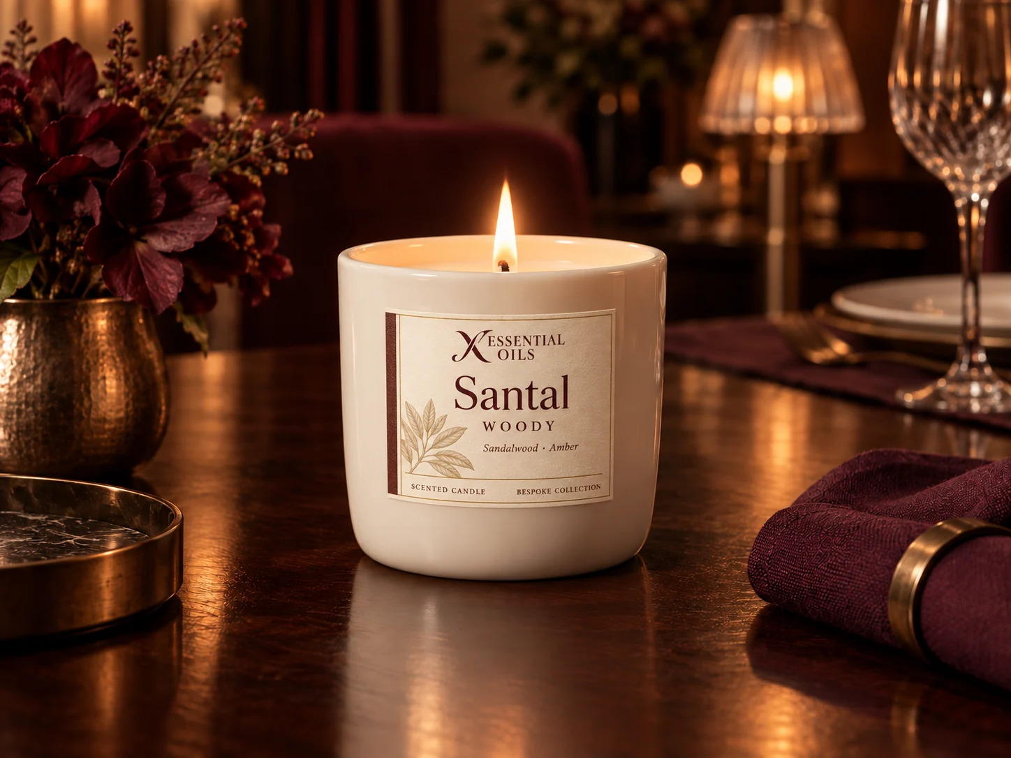 An ivory X Essential Oils candle glowing on a dark dining table with plum linen and bronze details