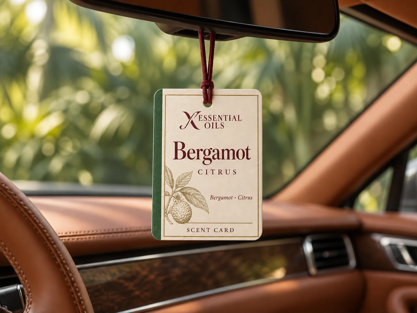 An ivory hanging fragrance card with a burgundy cord in a parked car with cognac upholstery