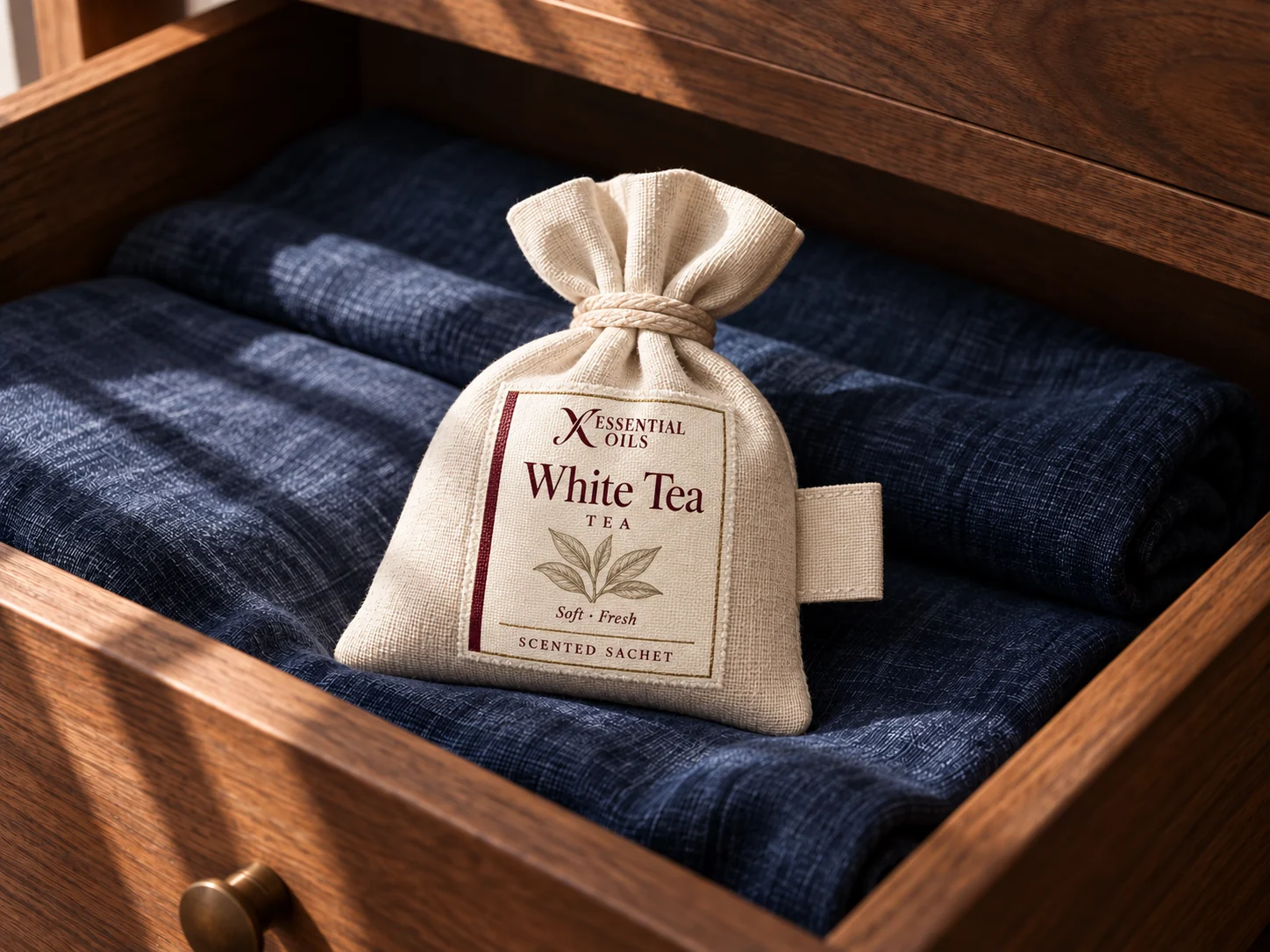 A linen scent sachet with an X Essential Oils tag nestled on indigo linen in a walnut drawer