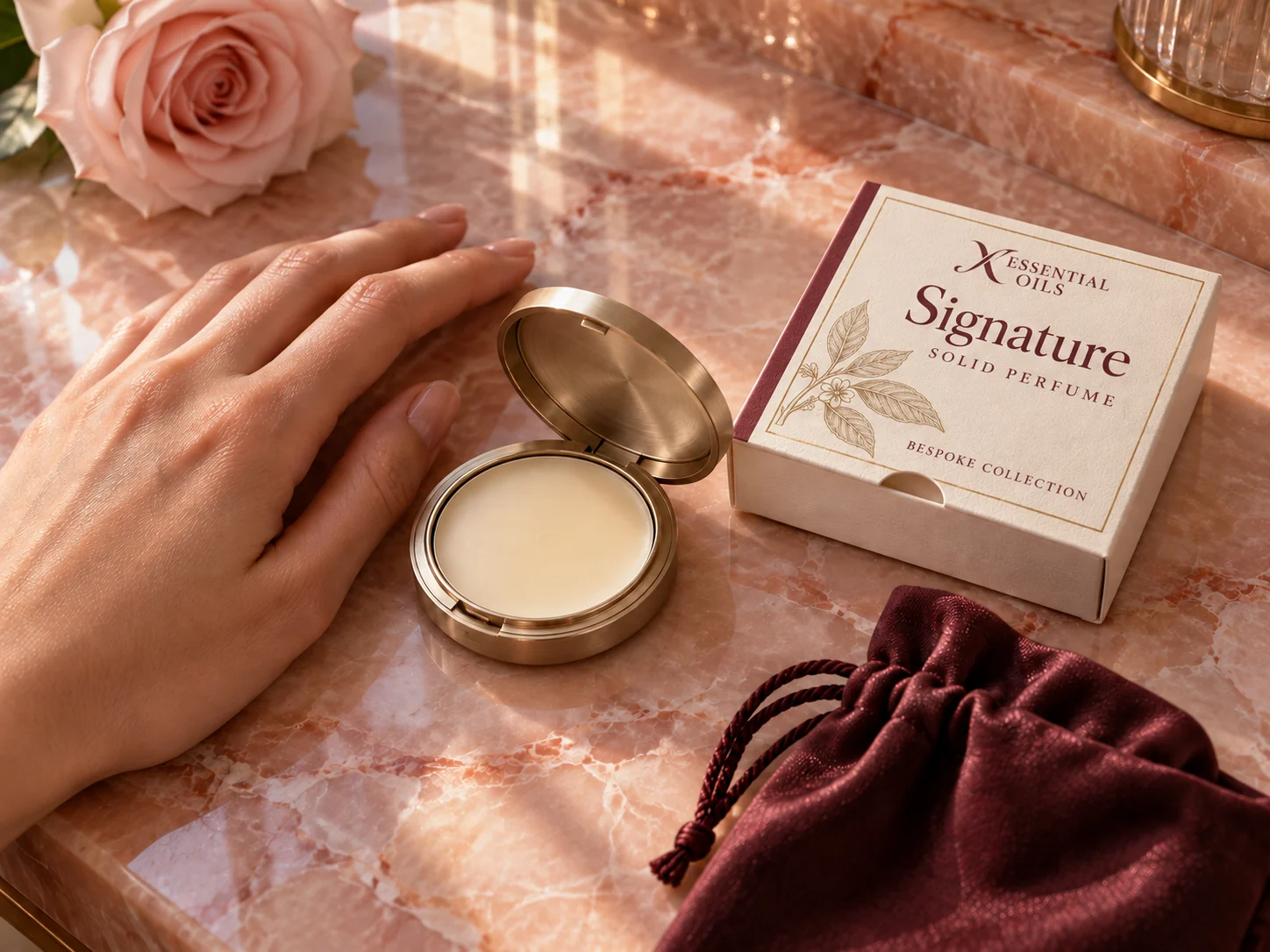An open champagne-metal solid perfume compact and ivory box on rose onyx beside a hand and velvet pouch