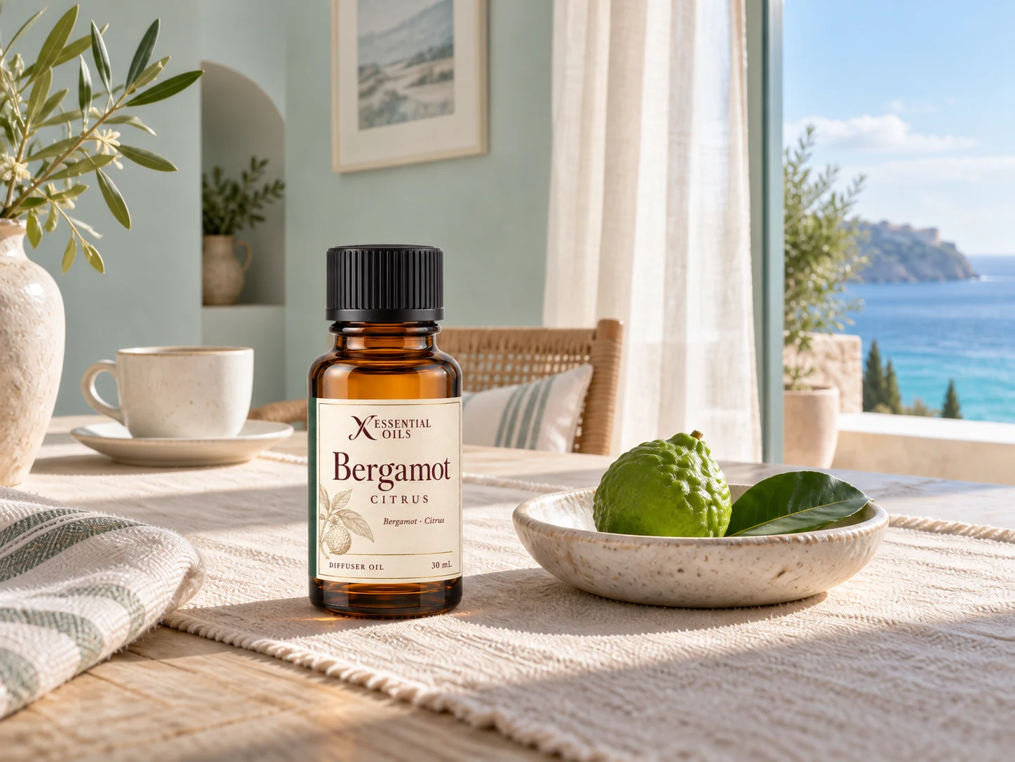 A labelled Bergamot fragrance bottle with green bergamot, linen and morning light in an airy seafoam room