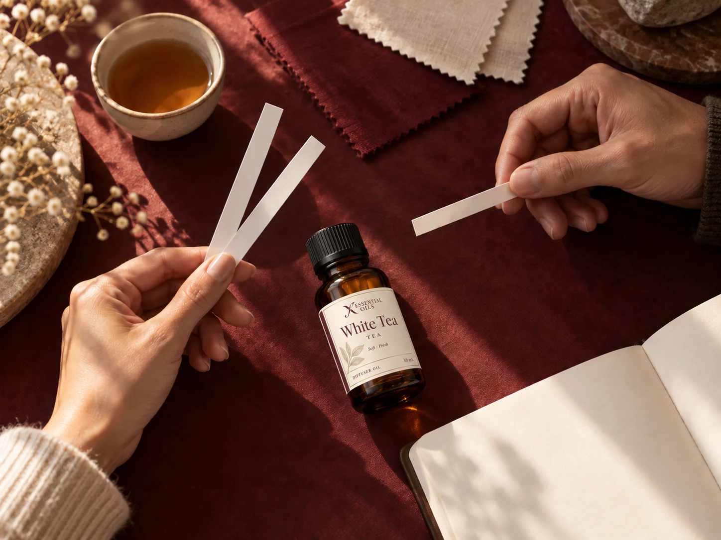 Two people exploring fragrance blotters beside an amber X Essential Oils bottle, a blank notebook and burgundy material swatches