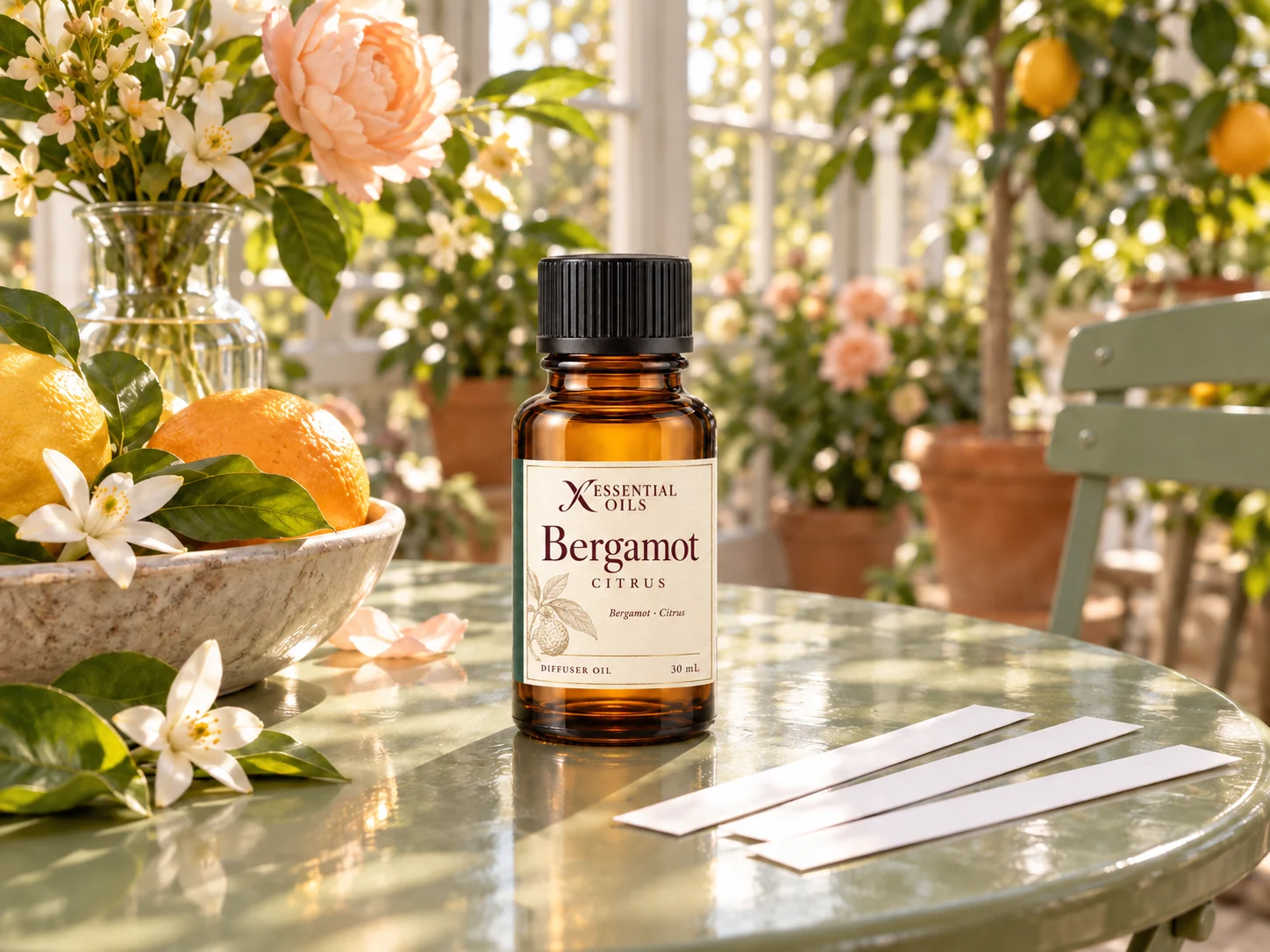 An amber X Essential Oils bottle and scent blotters on a sage table in a bright citrus conservatory