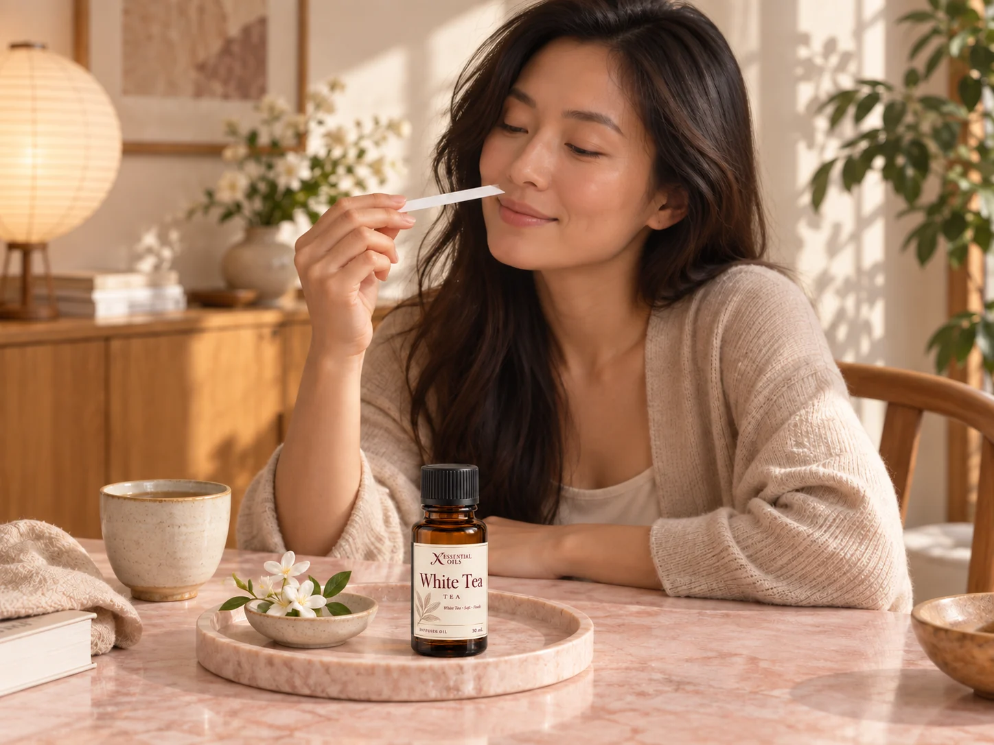 A woman exploring a fragrance blotter beside an amber X Essential Oils bottle at a softly lit pink marble table