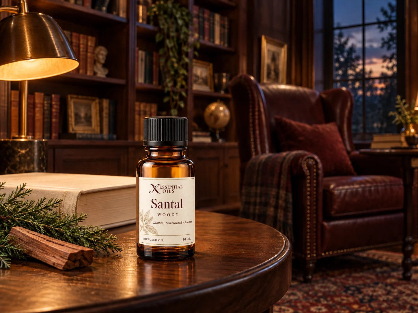 A labelled Santal fragrance bottle beside books and a brass reading lamp in a warm library with a burgundy leather chair