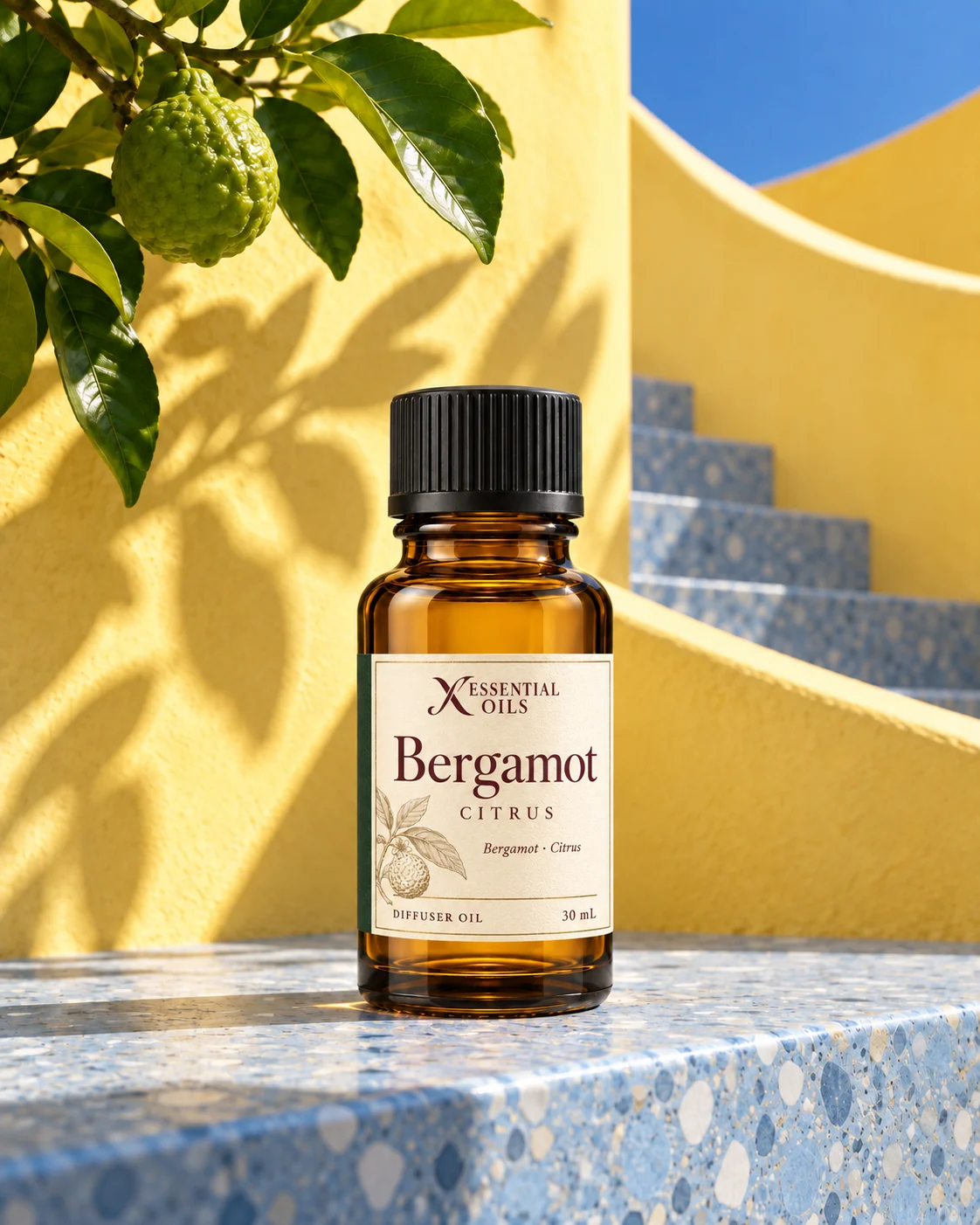 Bergamot fragrance bottle on blue terrazzo beneath citrus-leaf shadows in a yellow open-air stairwell.