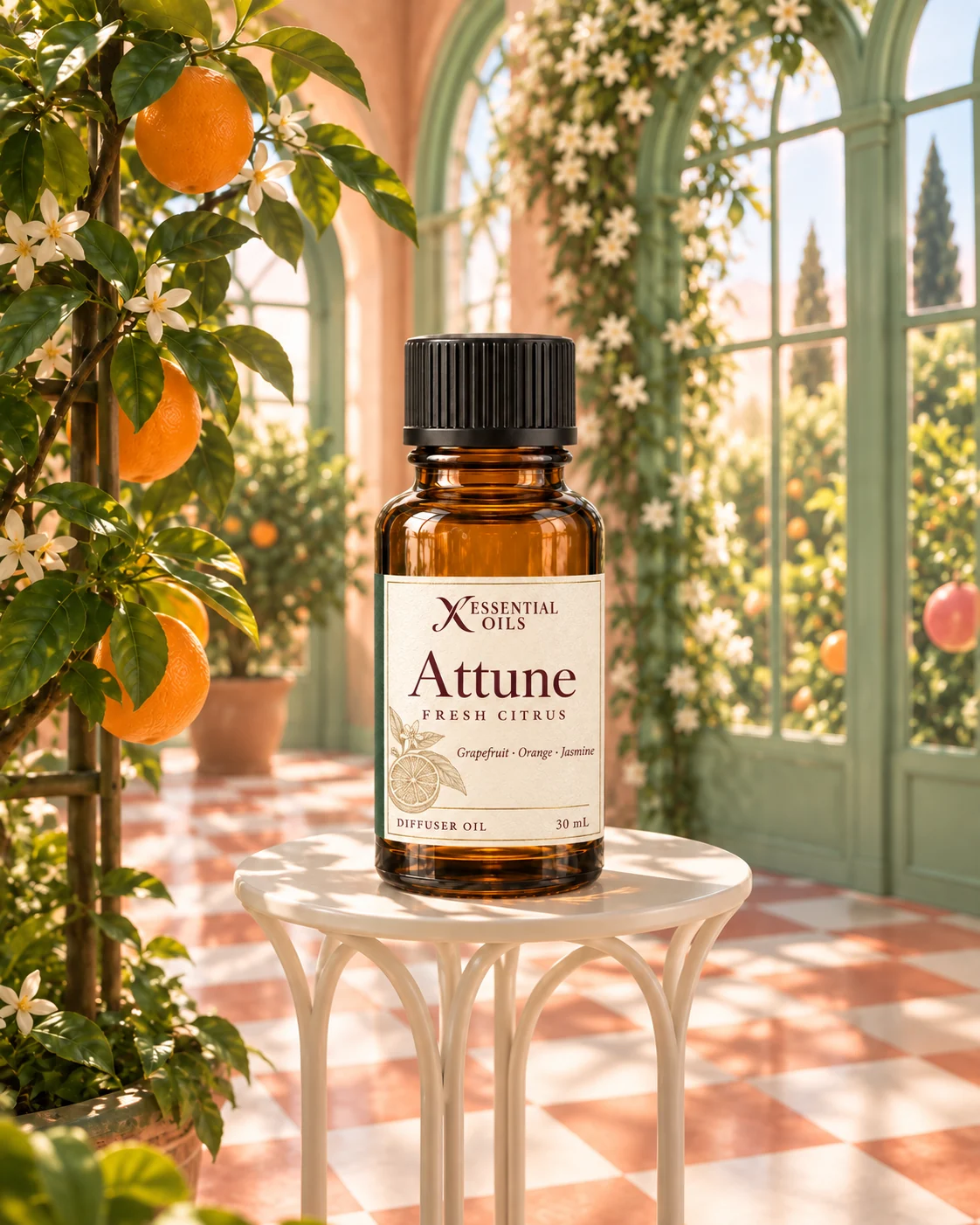 Attune fragrance bottle on a white pedestal in a mint-windowed orangery with jasmine and coral checker tiles.