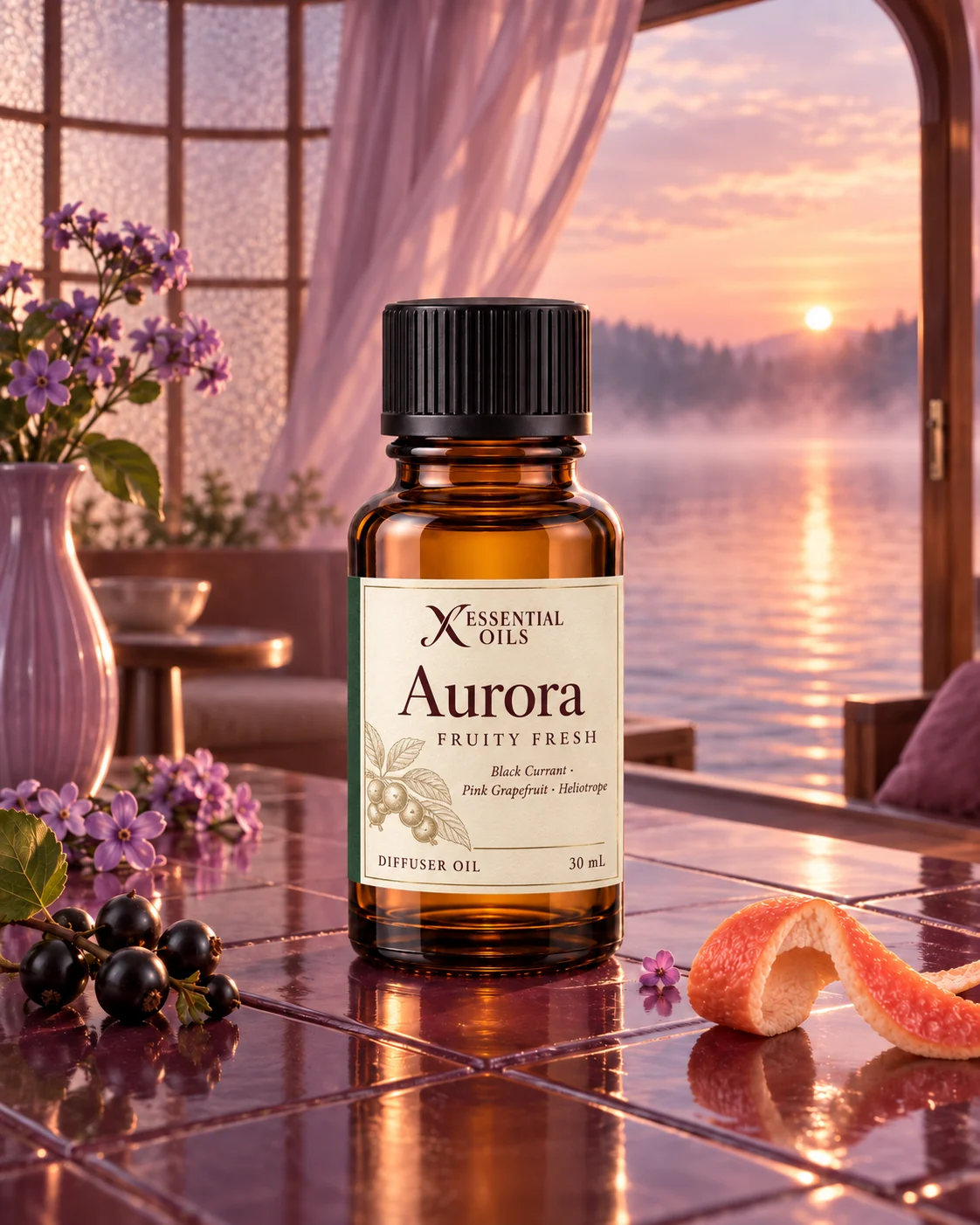 Aurora fragrance bottle on a plum-tiled ledge in a floating lakeside room filled with pink dawn light and heliotrope.