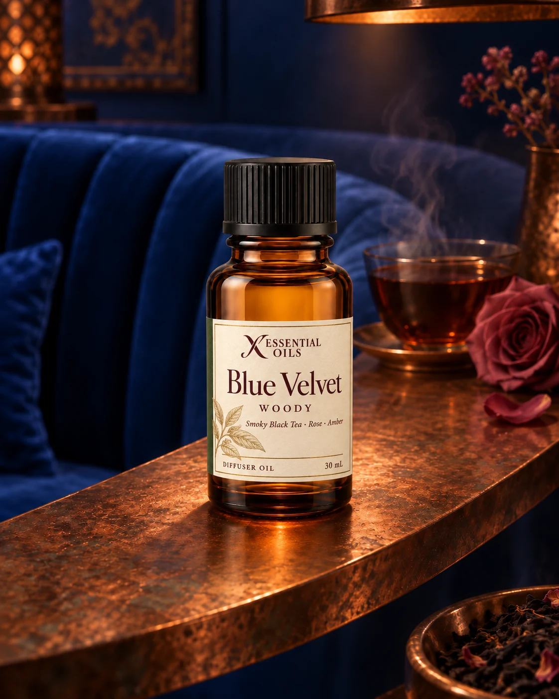 Blue Velvet fragrance bottle in a cobalt tea salon with black-tea steam and a dusky rose.