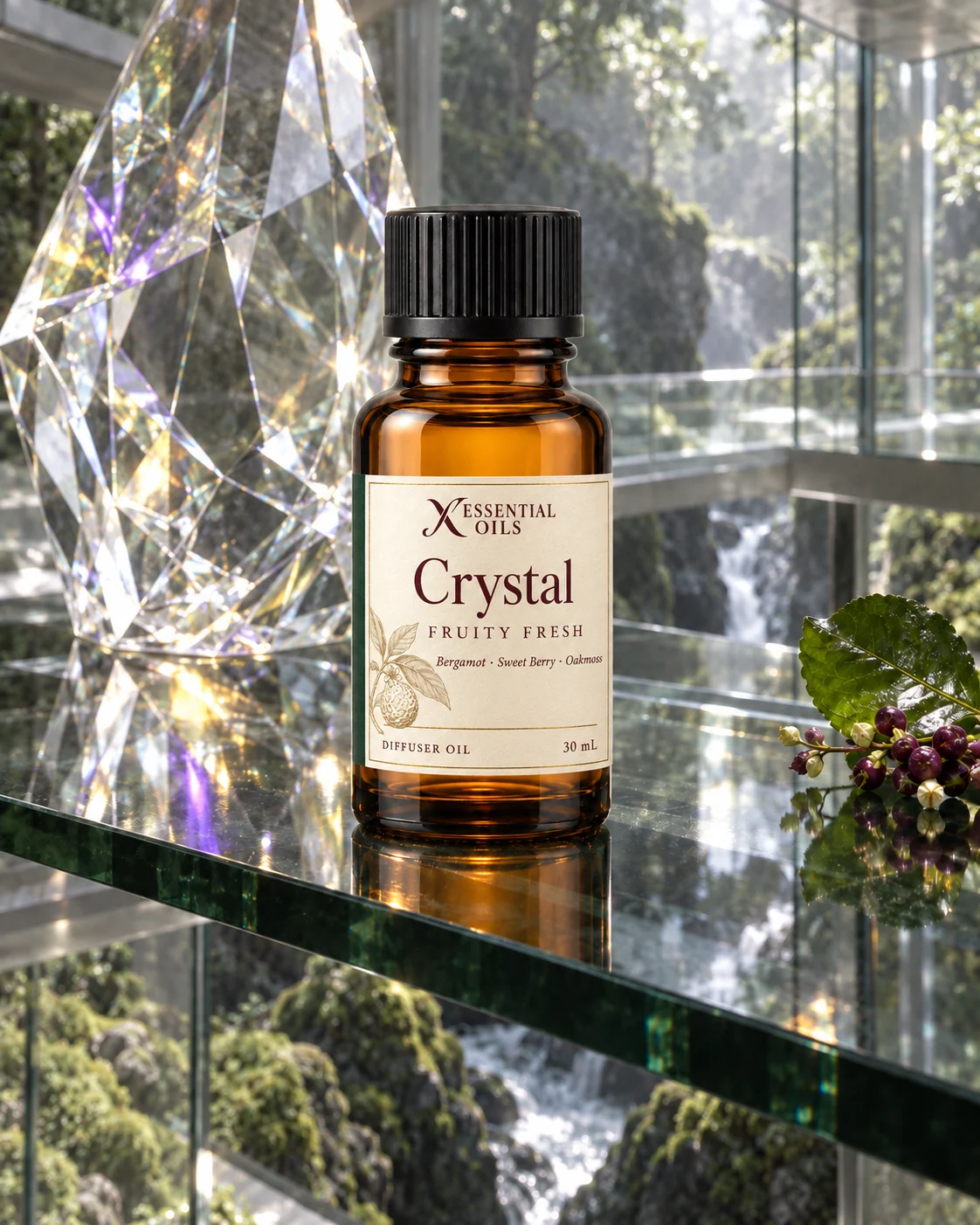 Crystal fragrance bottle beside a faceted glass sculpture in a transparent gallery above a mossy ravine.