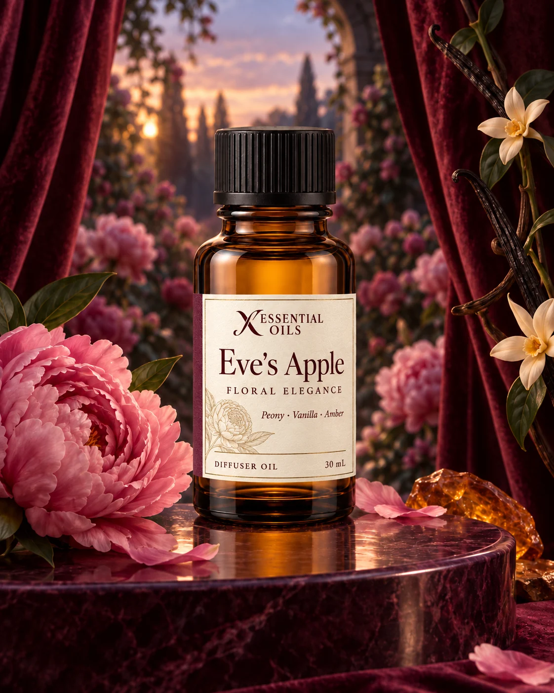 Standard glass oil bottle on a plum plinth in a theatrical dawn peony garden with velvet drapery and amber light.