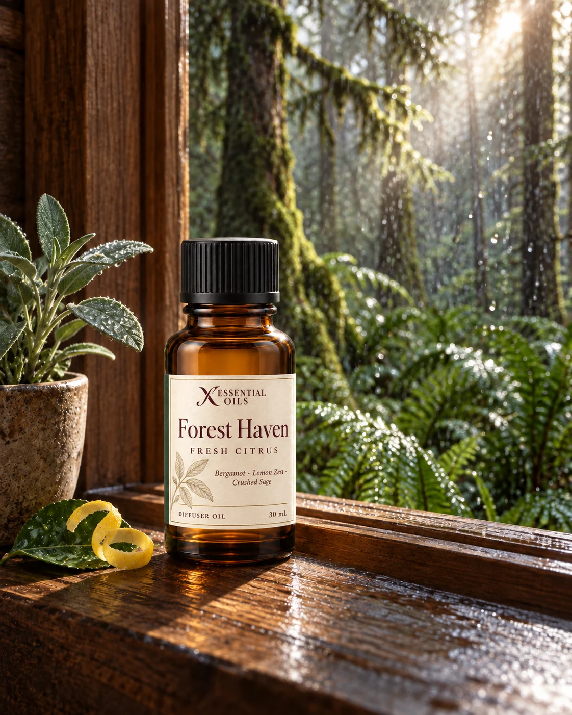 Forest Haven fragrance bottle on a cedar cabin window ledge overlooking rain-washed ferns and moss.