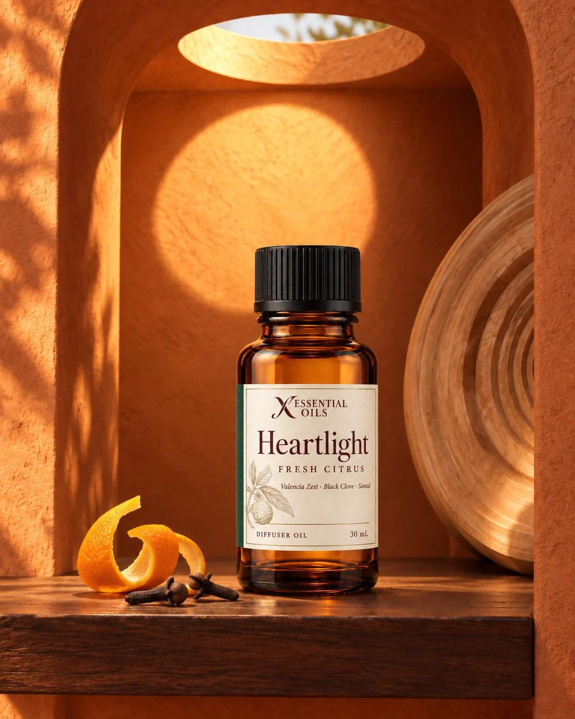 Heartlight fragrance bottle in a warm terracotta alcove with a circular skylight and sandalwood sculpture.