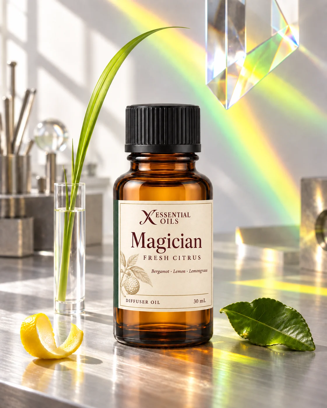 Magician fragrance bottle in an optical-glass studio with citrus-colored prism light and an arcing lemongrass blade.