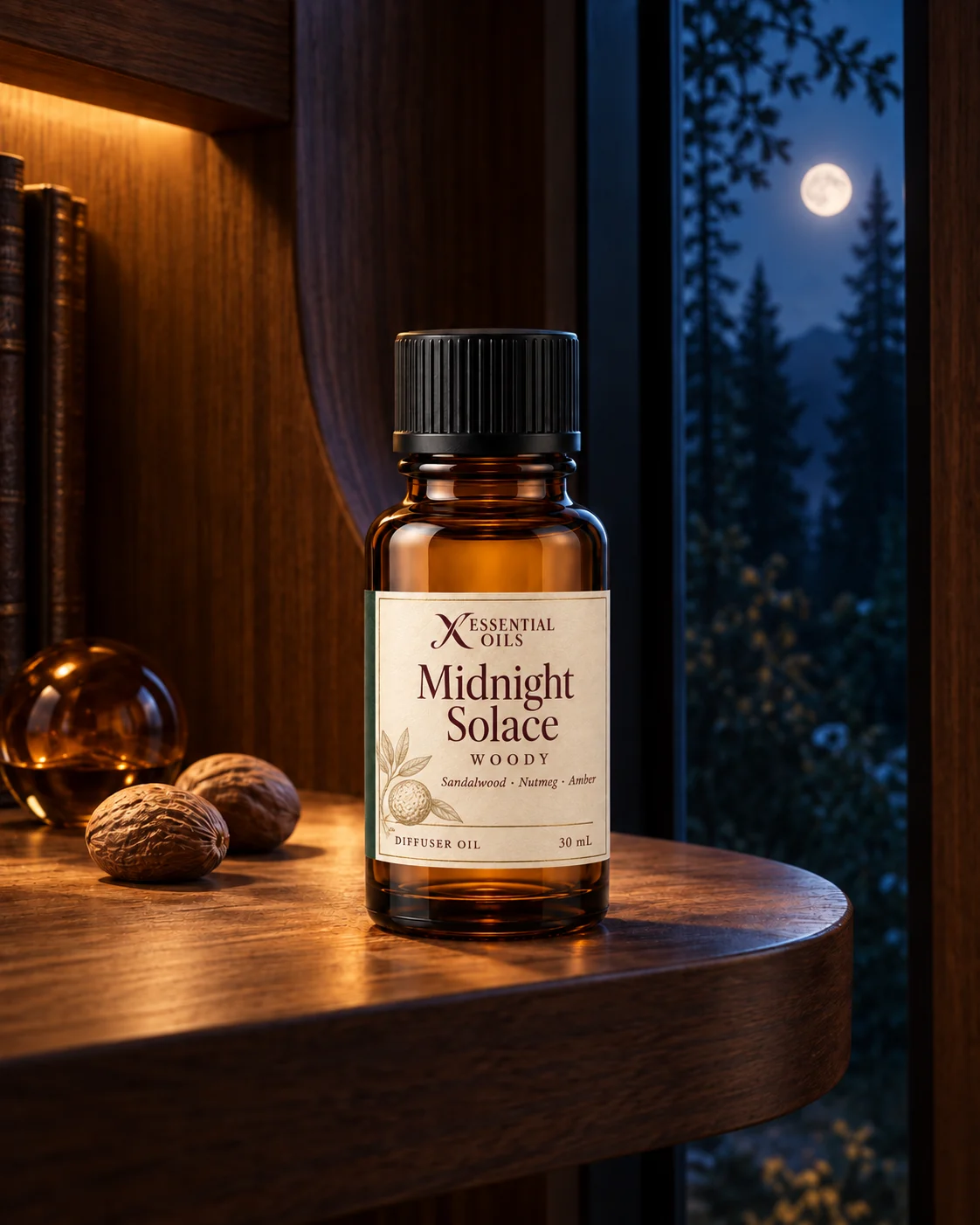 Midnight Solace fragrance bottle on a walnut shelf in a moonlit forest reading alcove.