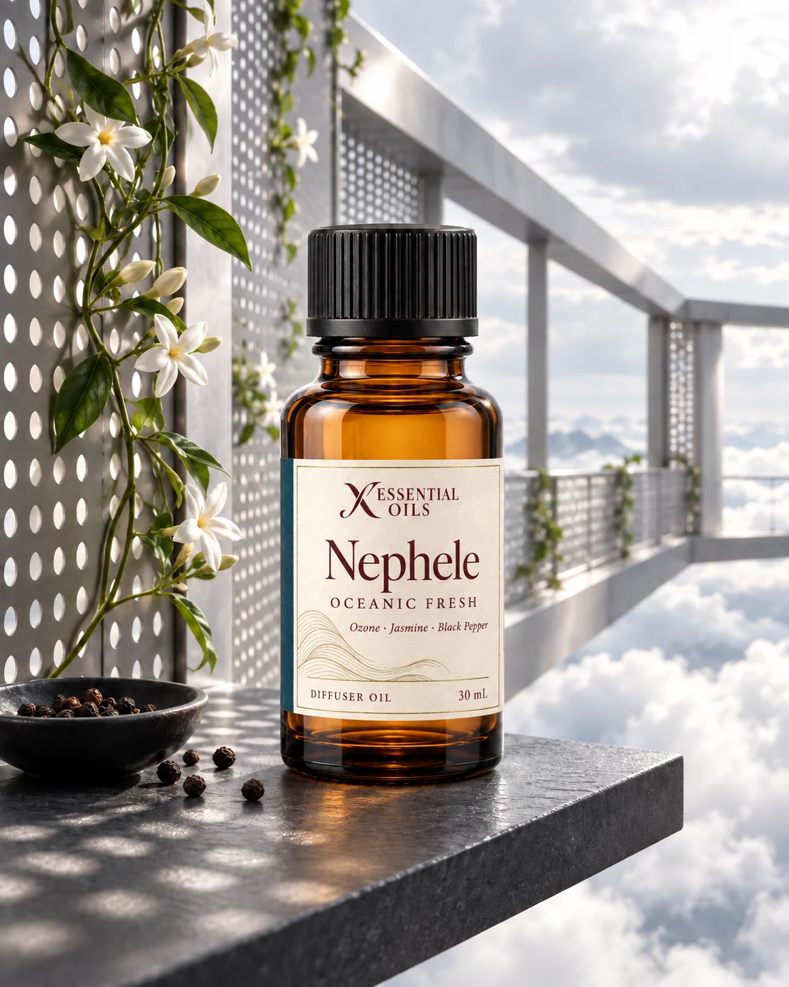 Nephele fragrance bottle on a slate shelf in a silver skybridge surrounded by cloud and jasmine.