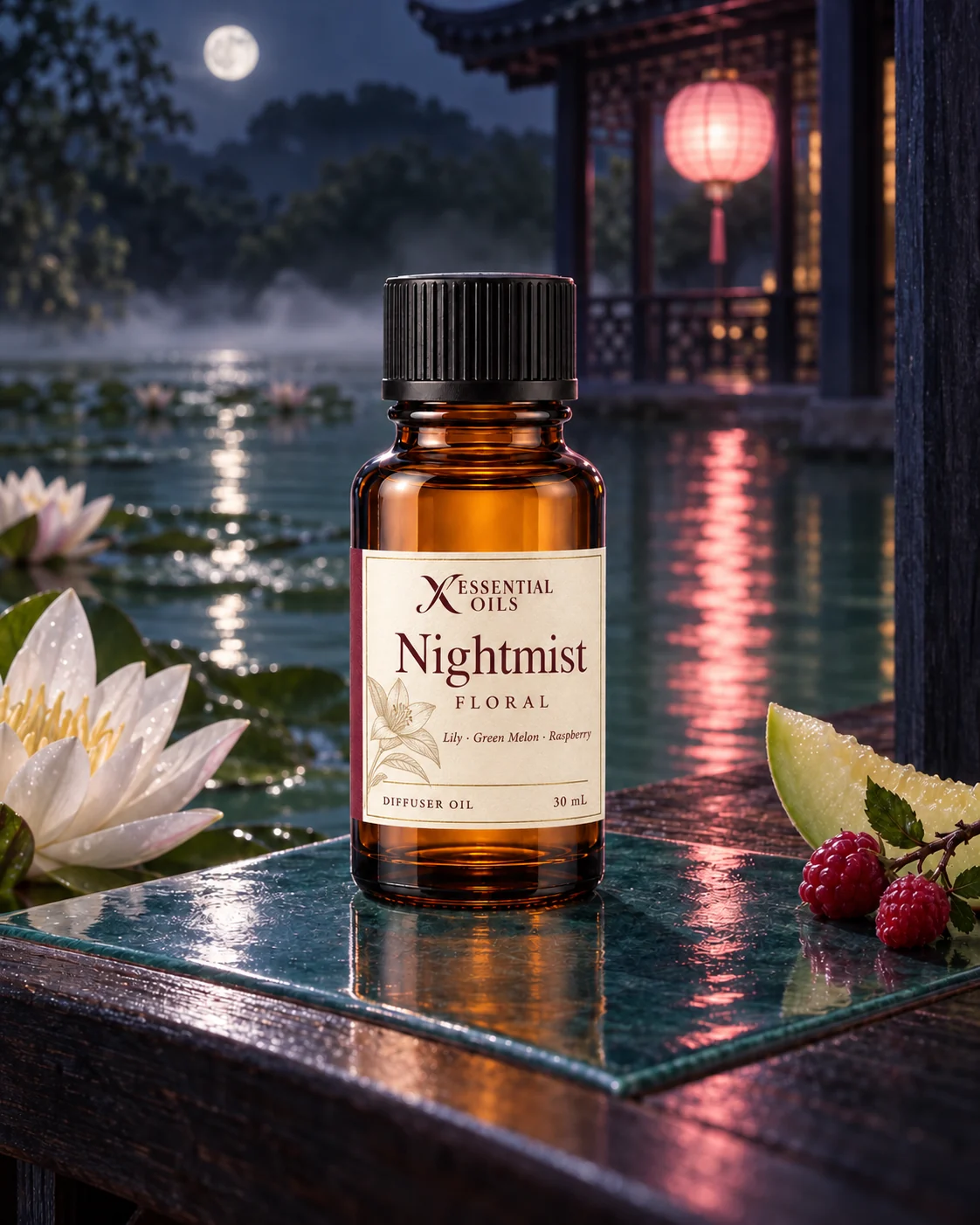Nightmist fragrance bottle in a moonlit lily pavilion with jade water and a soft pink lantern reflection.