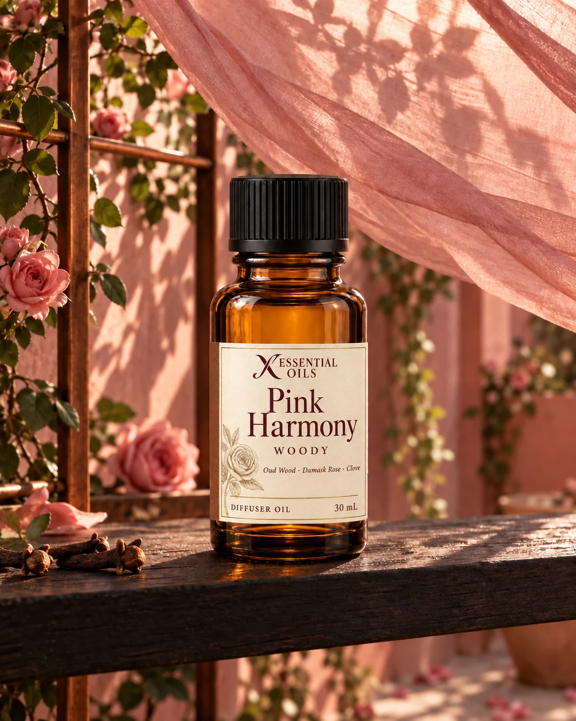 Pink Harmony fragrance bottle beneath drifting blush textiles and damask roses in a pink courtyard.