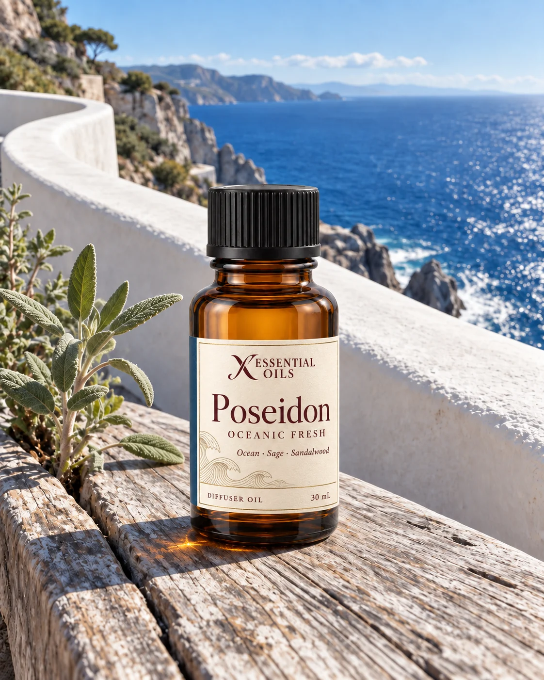 Poseidon fragrance bottle on a weathered wood bench along a white cliffside terrace above a cobalt sea.