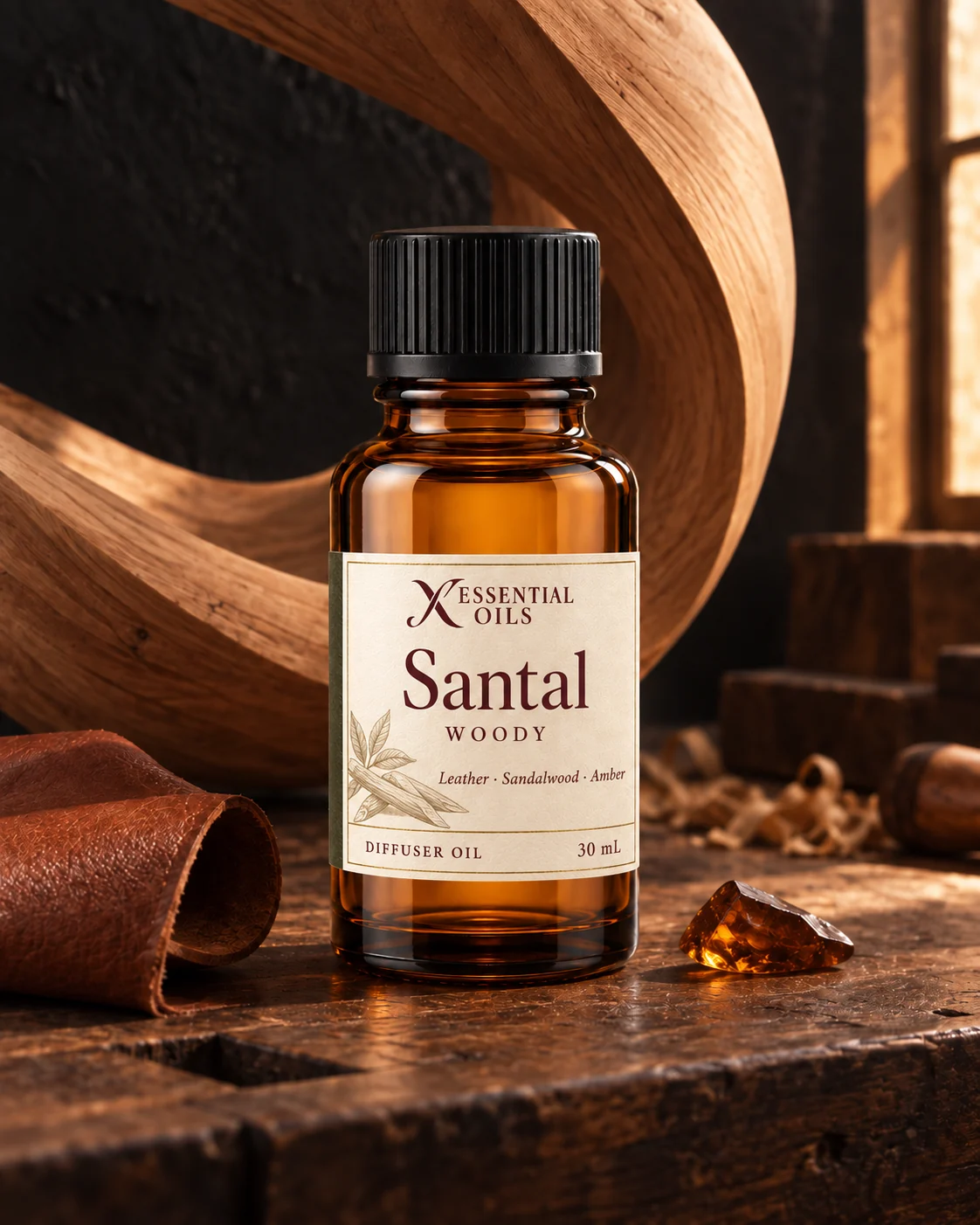 Santal fragrance bottle in a dark wood atelier with a looping wood sculpture and cognac leather.