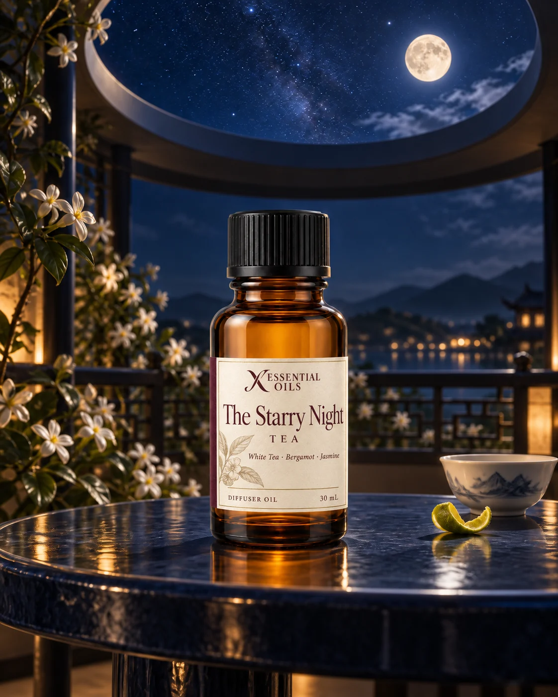 The Starry Night fragrance bottle on an indigo tea table below a circular opening to a starry sky.