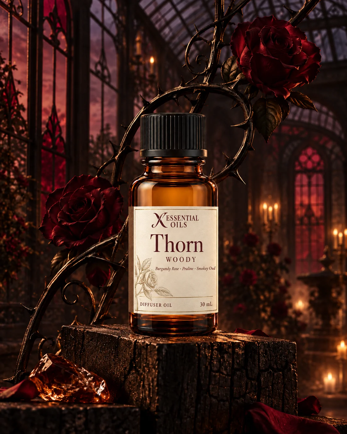 Thorn fragrance bottle on charred wood beneath an iron thorn sculpture in a burgundy rose conservatory.