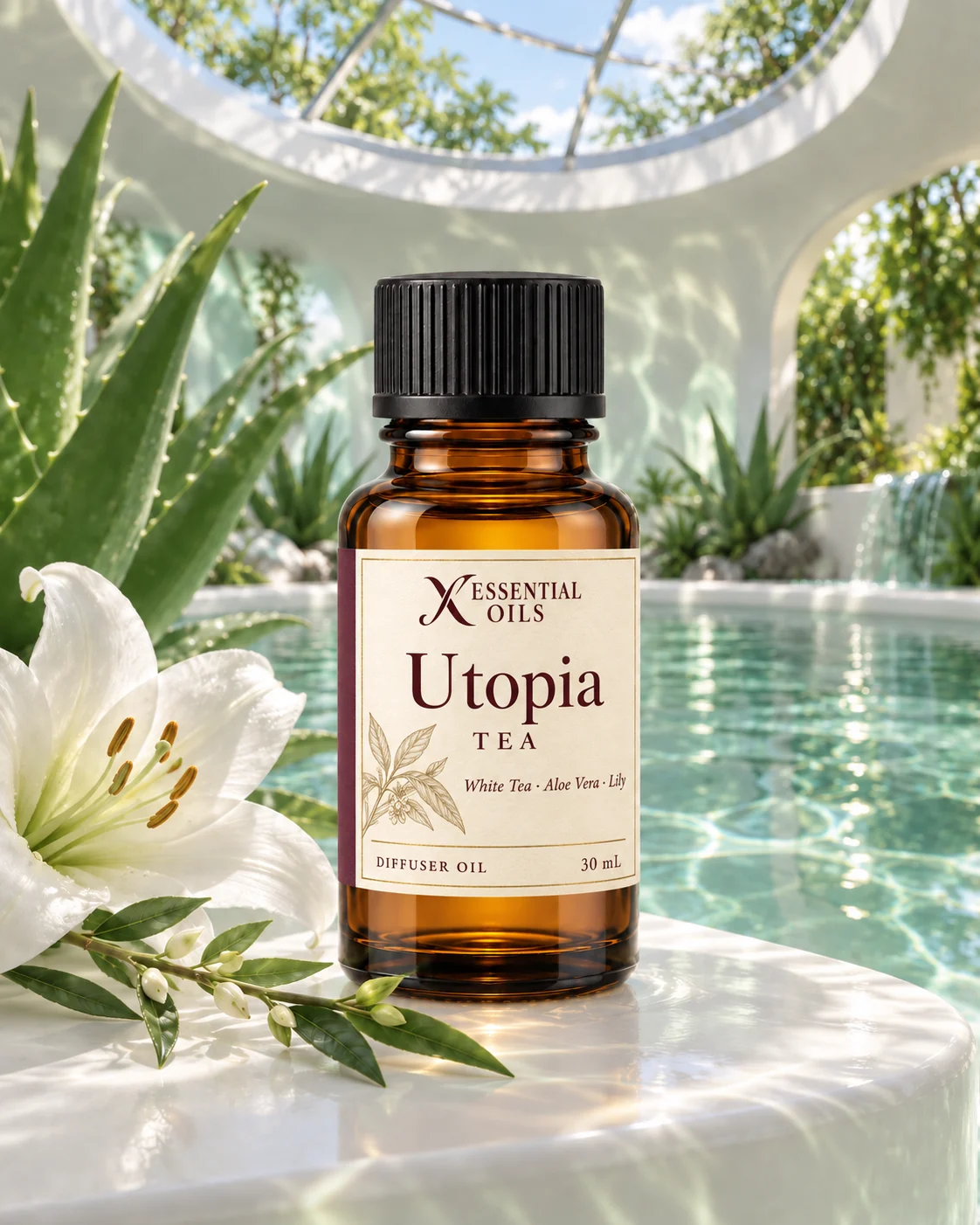 Utopia fragrance bottle beside a circular pool with aloe and a white lily beneath an elliptical glass roof.
