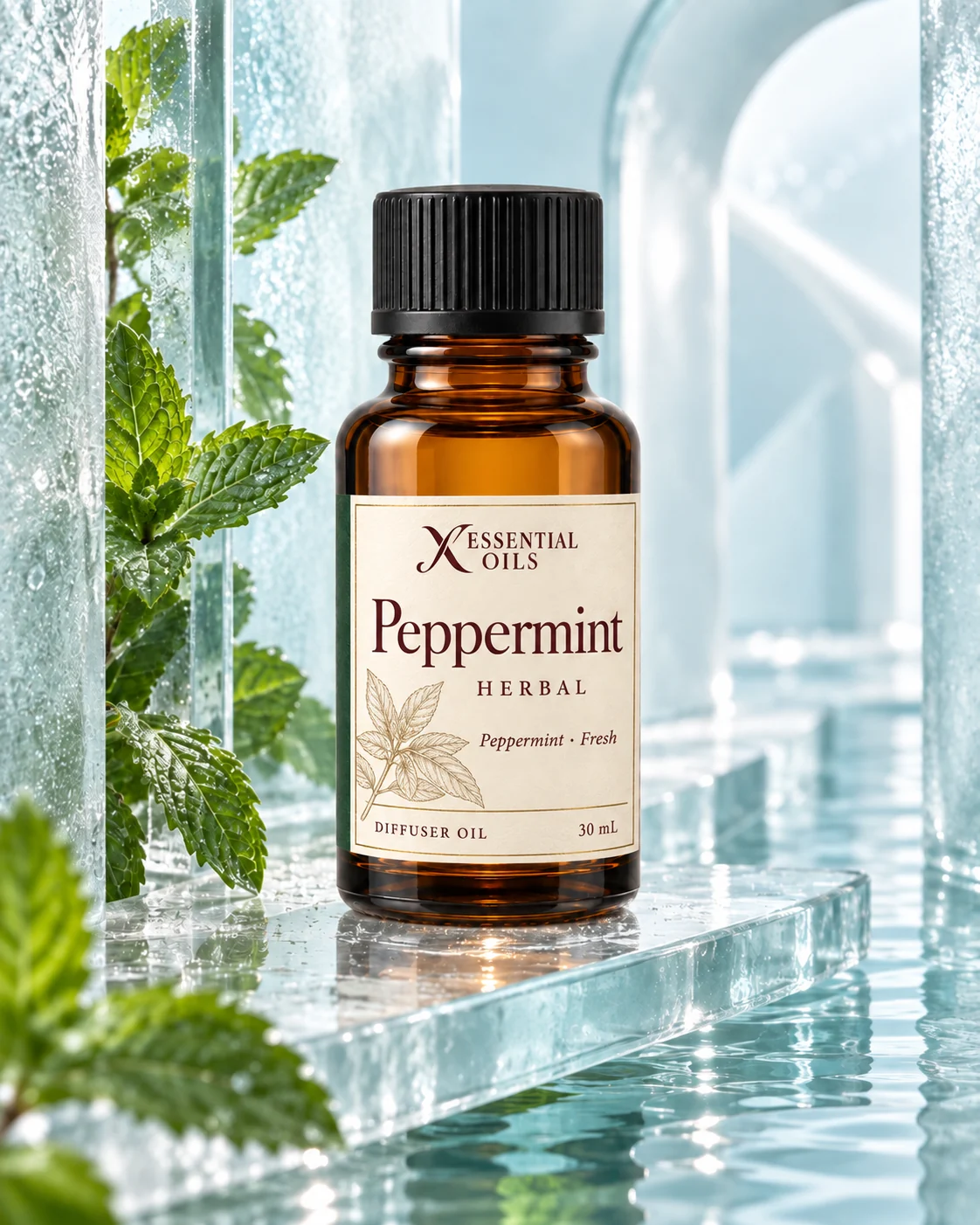 Peppermint oil bottle on a clear glass shelf in a cool cyan gallery with dew-covered mint and clear water.