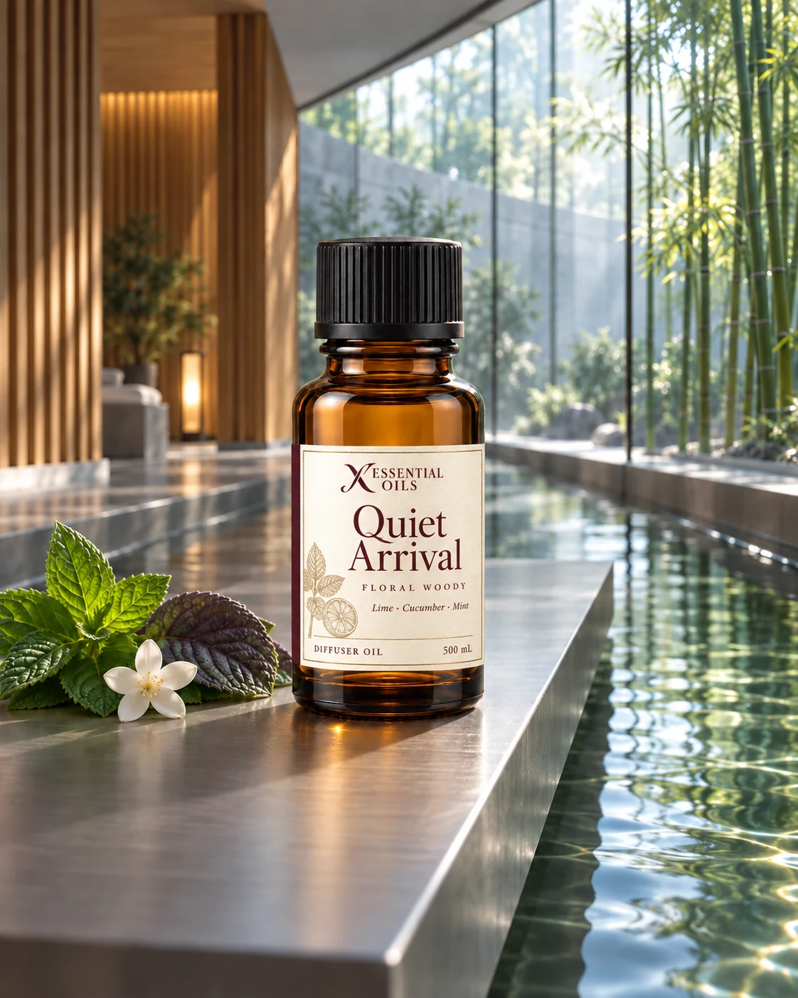 Quiet Arrival fragrance bottle above a reflecting-water channel in a bamboo and cedar atrium.