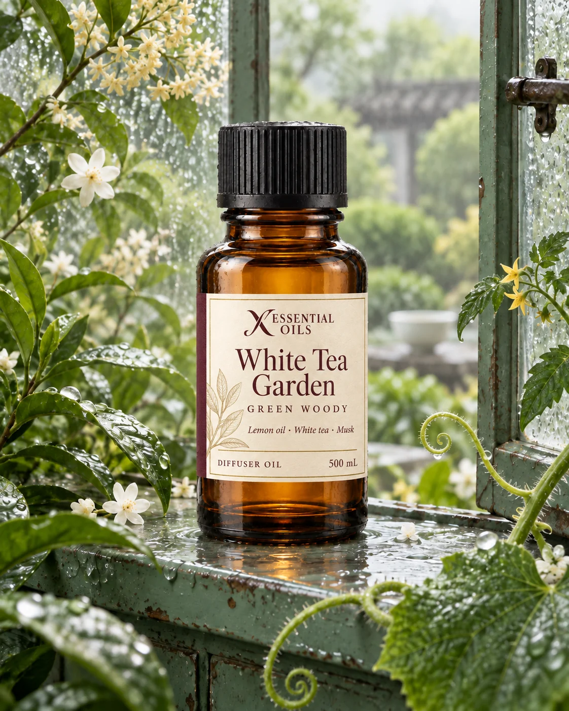Standard glass oil bottle on a rain-washed celadon greenhouse sill among tea leaves, tomato vines and jasmine.