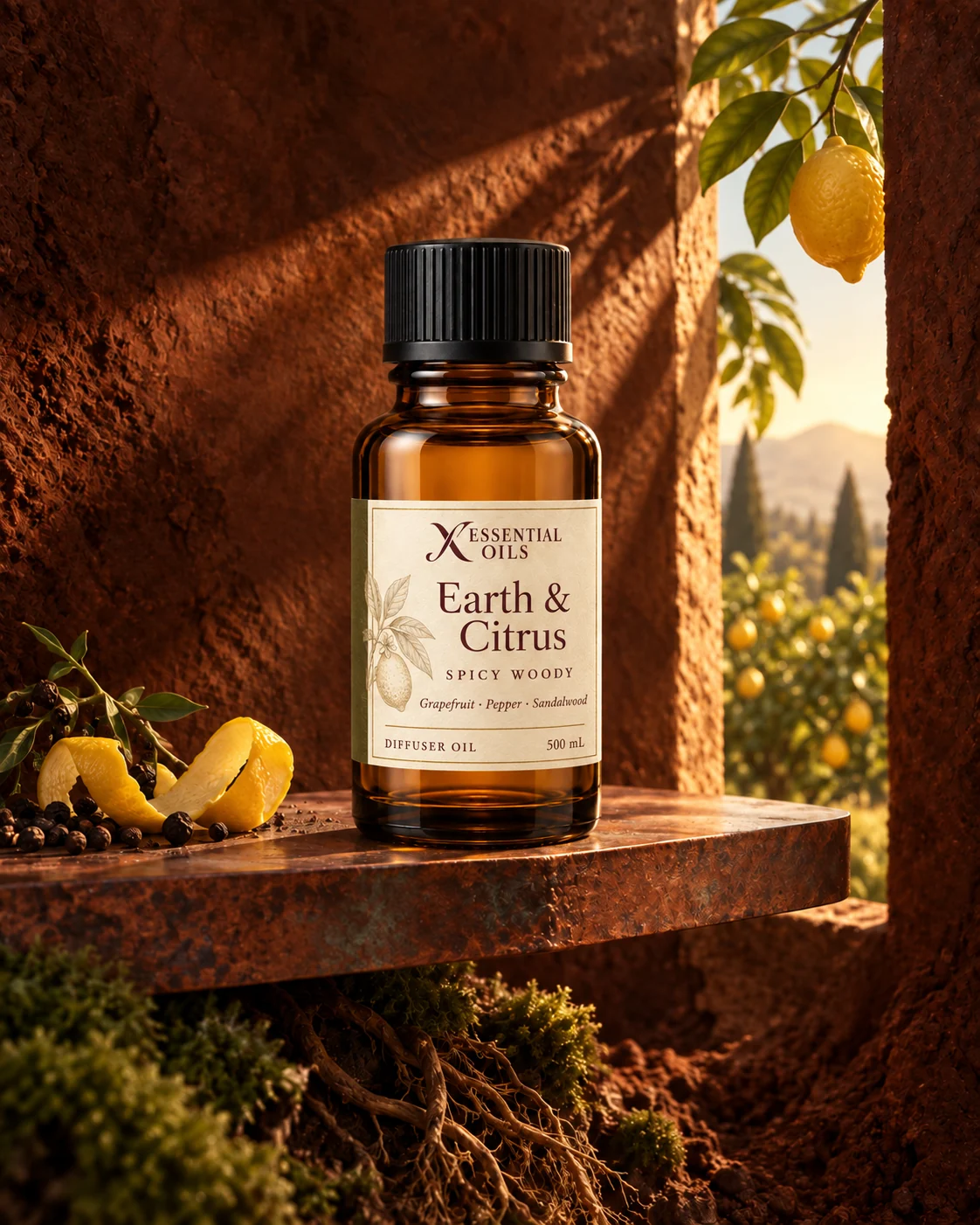 Standard glass oil bottle on an oxidized copper shelf inside a russet earth room opening onto a sunlit citrus grove.