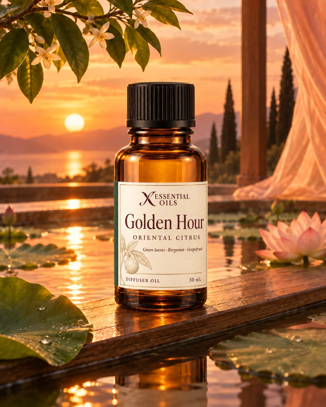 Standard glass oil bottle on a cedar board above a rooftop lotus pool reflecting coral sunset and cypress shadows.