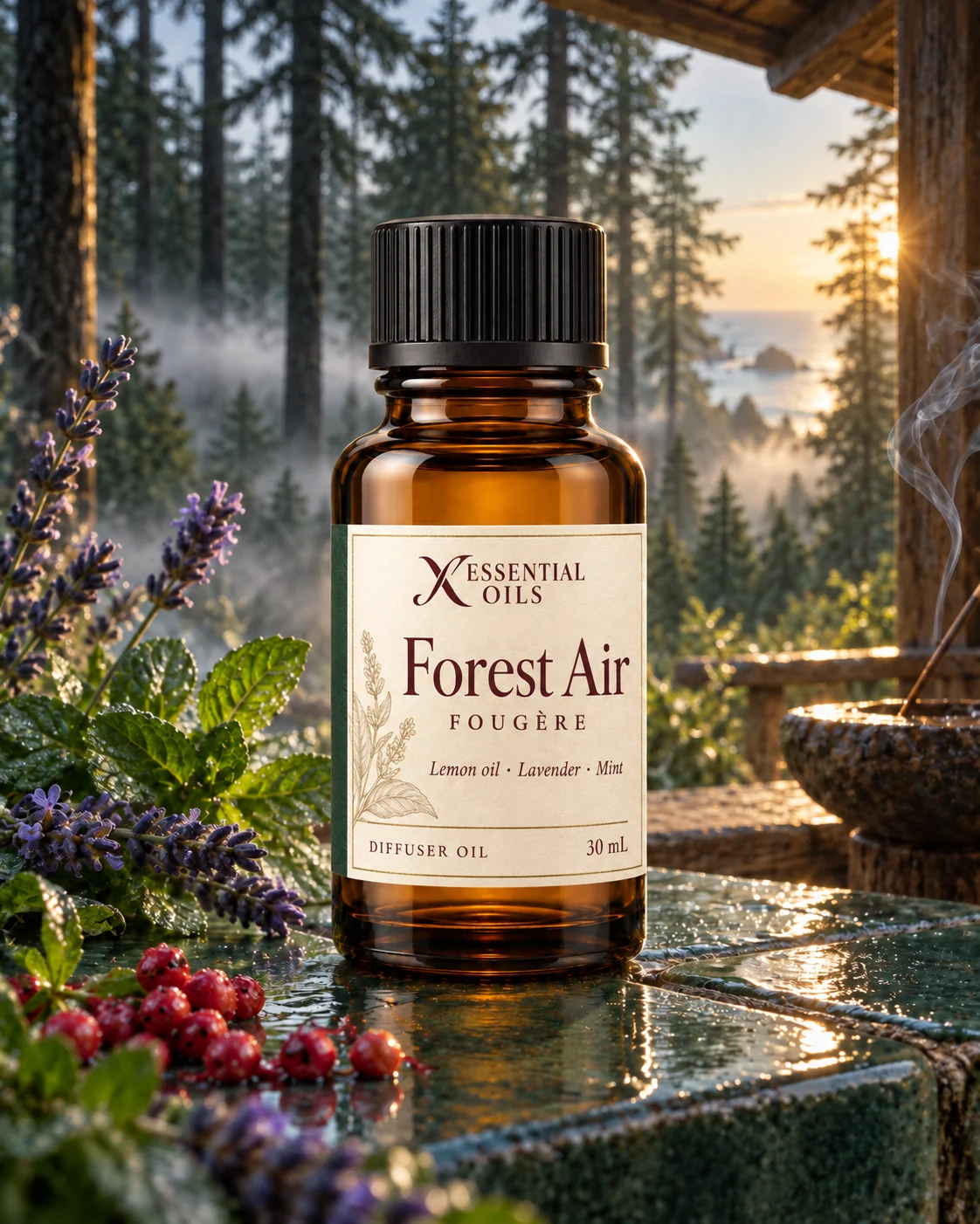 Standard glass oil bottle in a cedar shelter above a misty coastal fir forest with lavender, mint and dew.