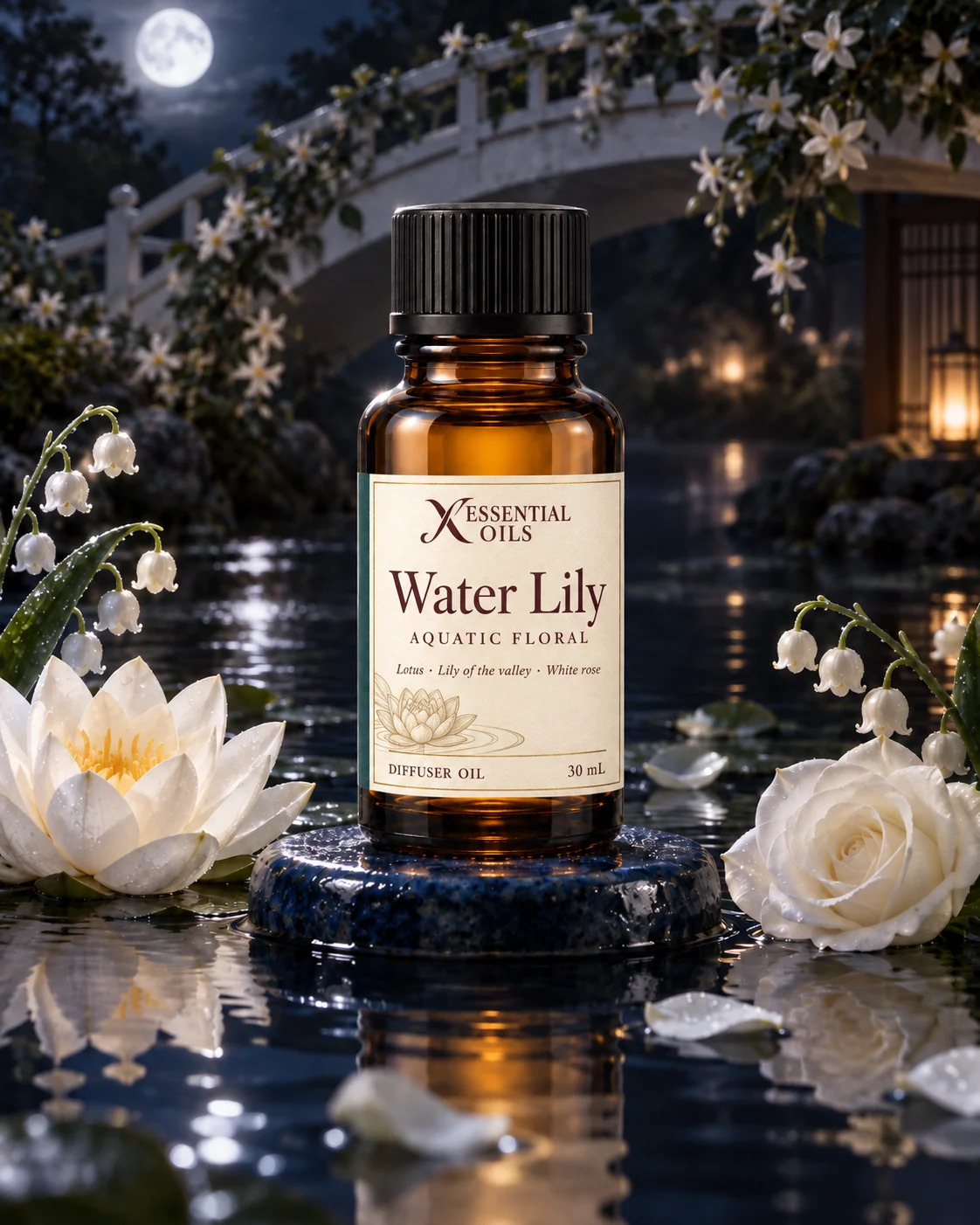 Standard glass oil bottle on a midnight-blue ceramic island among luminous white lilies in a moonlit water garden.