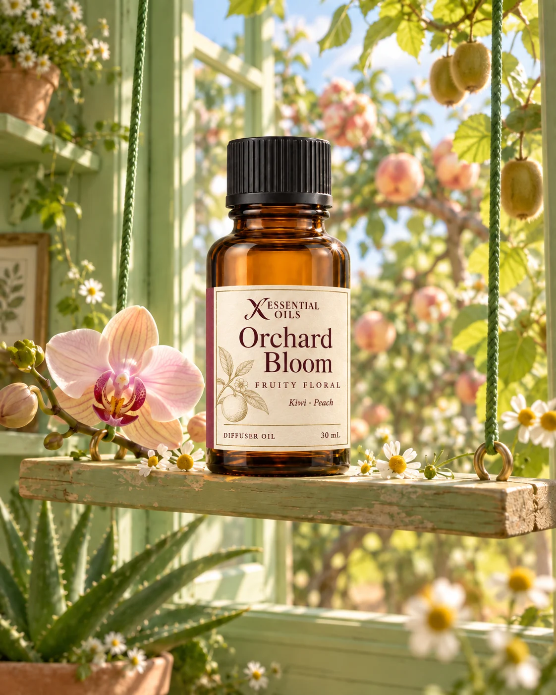 Standard glass oil bottle on a suspended green shelf in an orchard window with orchid, chamomile and peach-tree light.