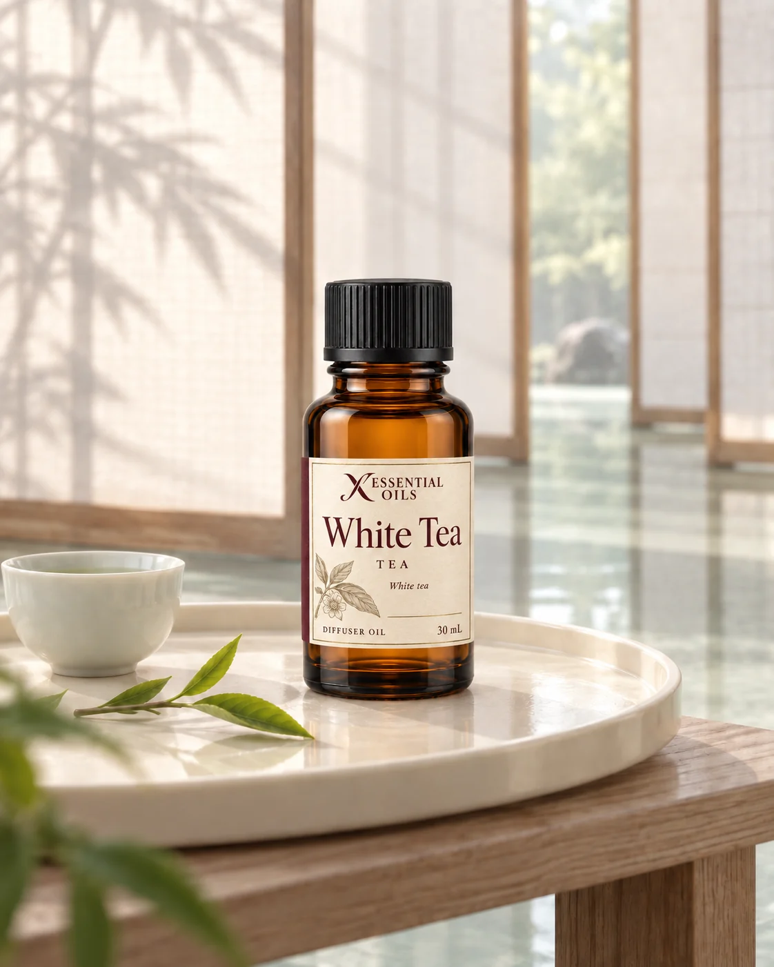 White Tea fragrance bottle on a lacquer tea tray in a luminous paper-screen tea pavilion.