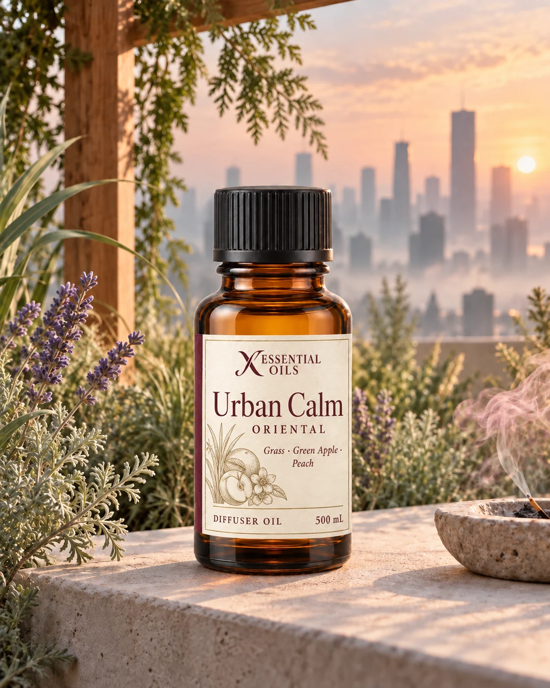 Urban Calm oil bottle on a pale concrete ledge in a rooftop herb garden above a softly lit dawn skyline.