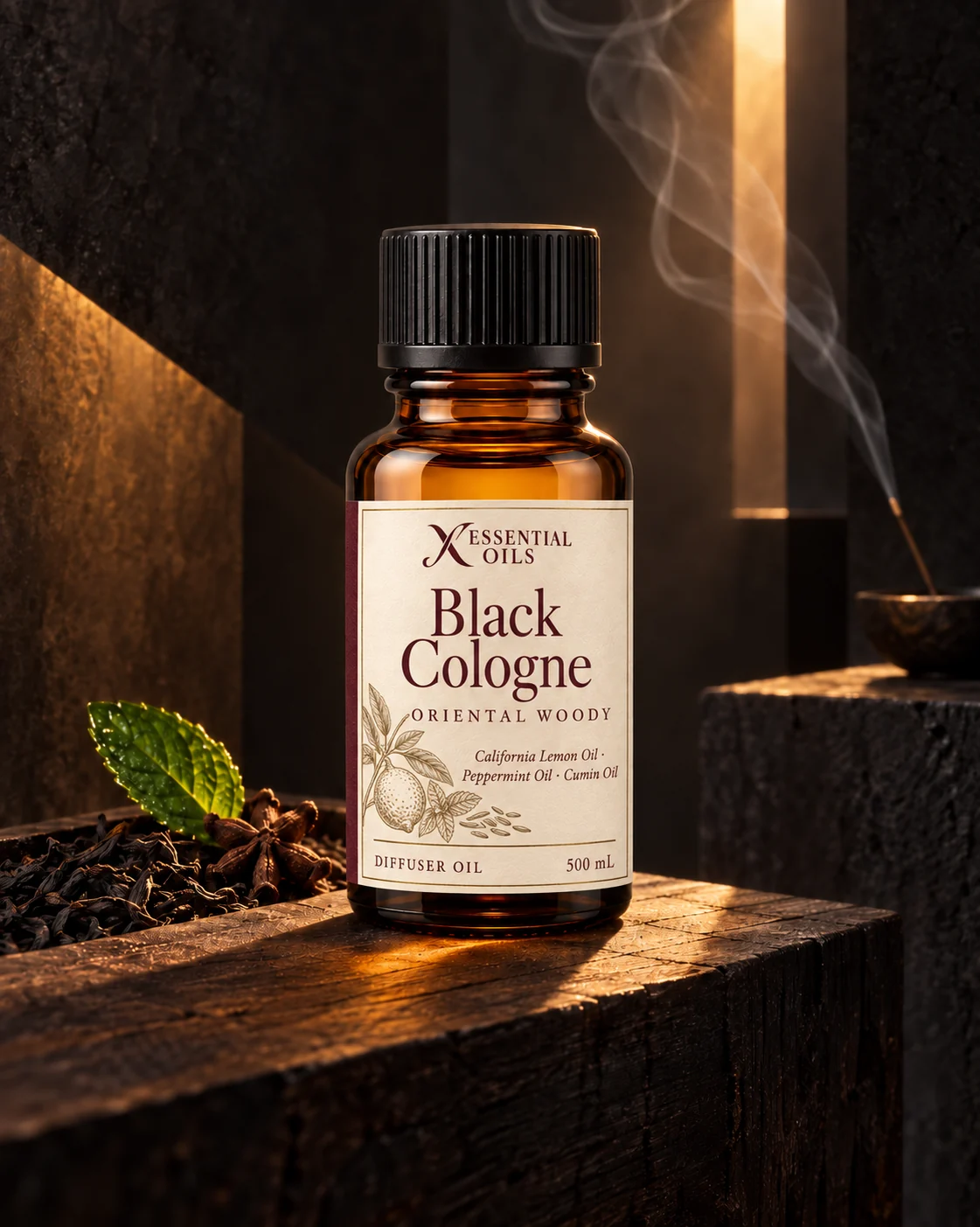 Black Cologne oil bottle on smoked cedar in an obsidian chamber, with black tea and a fine ribbon of incense.
