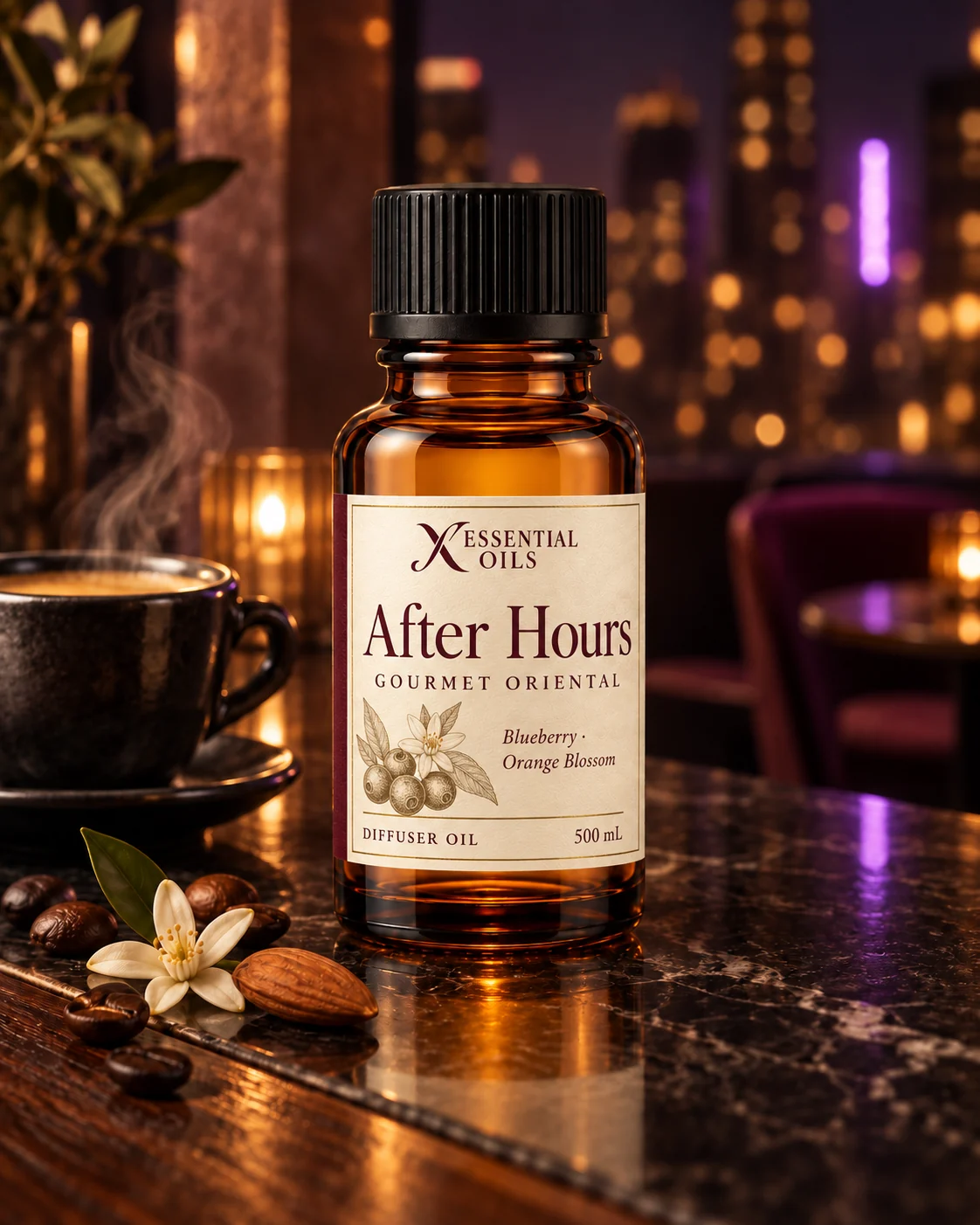 After Hours oil bottle on a rooftop espresso counter with coffee steam, orange blossom and warm midnight city lights.