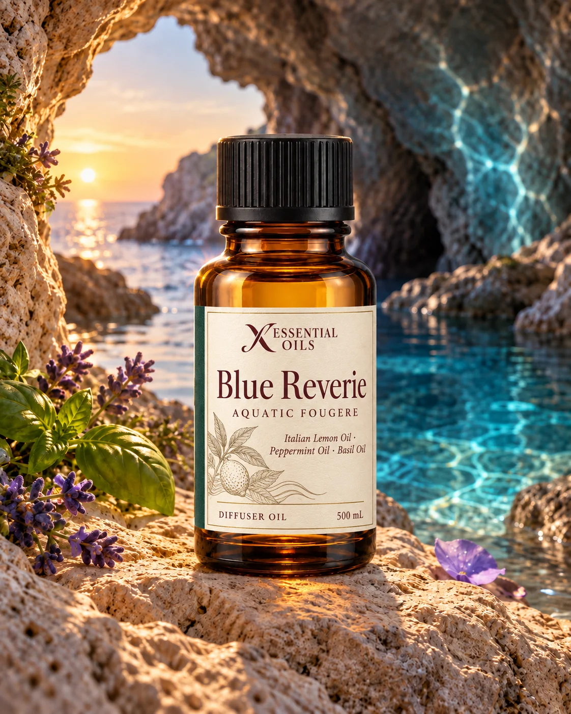 Blue Reverie oil bottle in a cobalt coastal grotto with turquoise tidal water, basil and lavender.